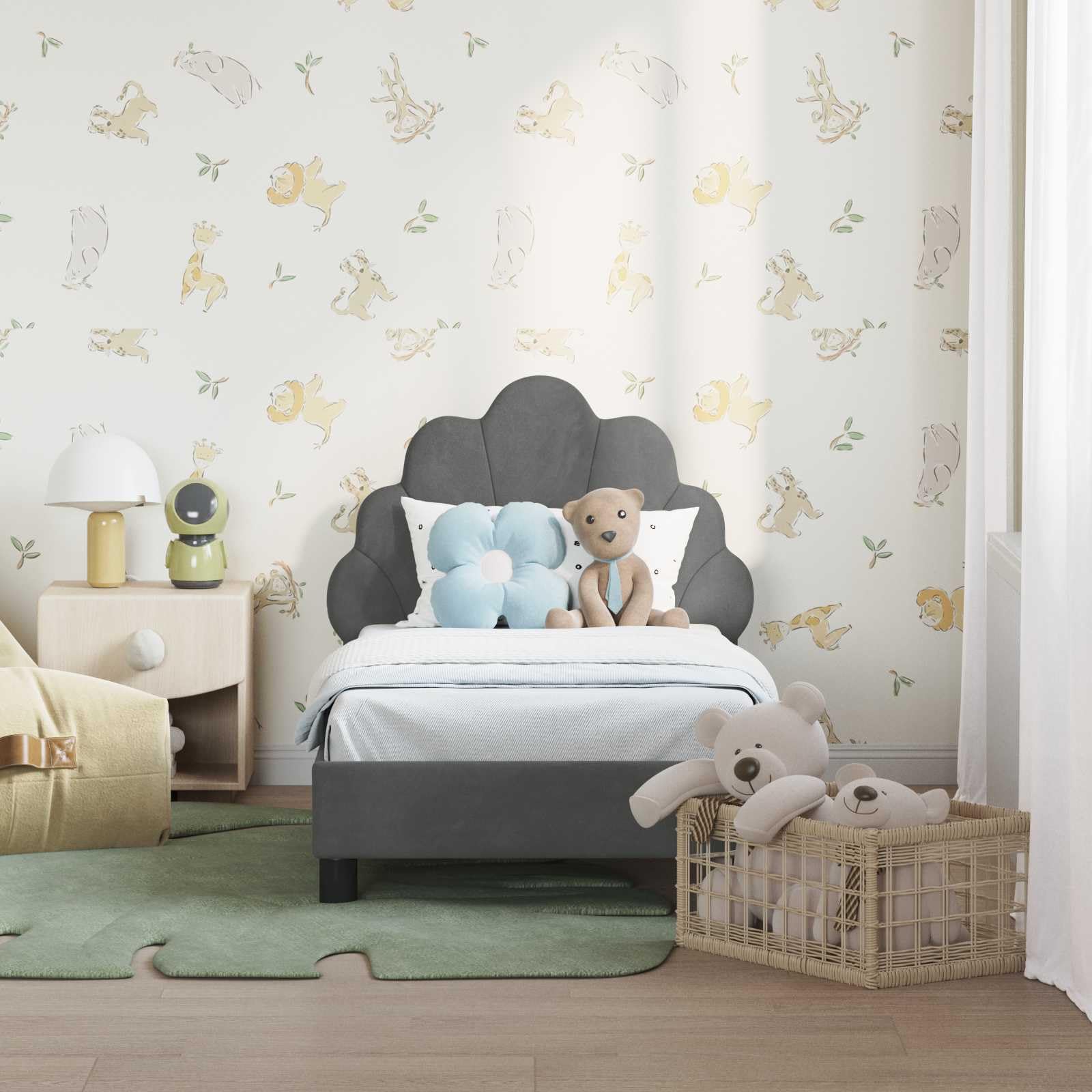 Kinderbettgestell mit Kopfteil Dunkelgrau Samt 70 x 140 cm, Holzwerkstoffrahmen mit Lattenrost, stabiles Polsterbett für Kinderzimmer, einfach zu montieren, modernes Design für Schlafzimmer