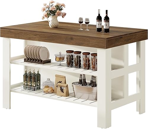 Miniatura 9 de Tribesigns Isla de cocina con estantes para asientos y almacenamiento, mostrador de desayuno de 55.1 pulgadas, mesa de isla de granja para cocina y