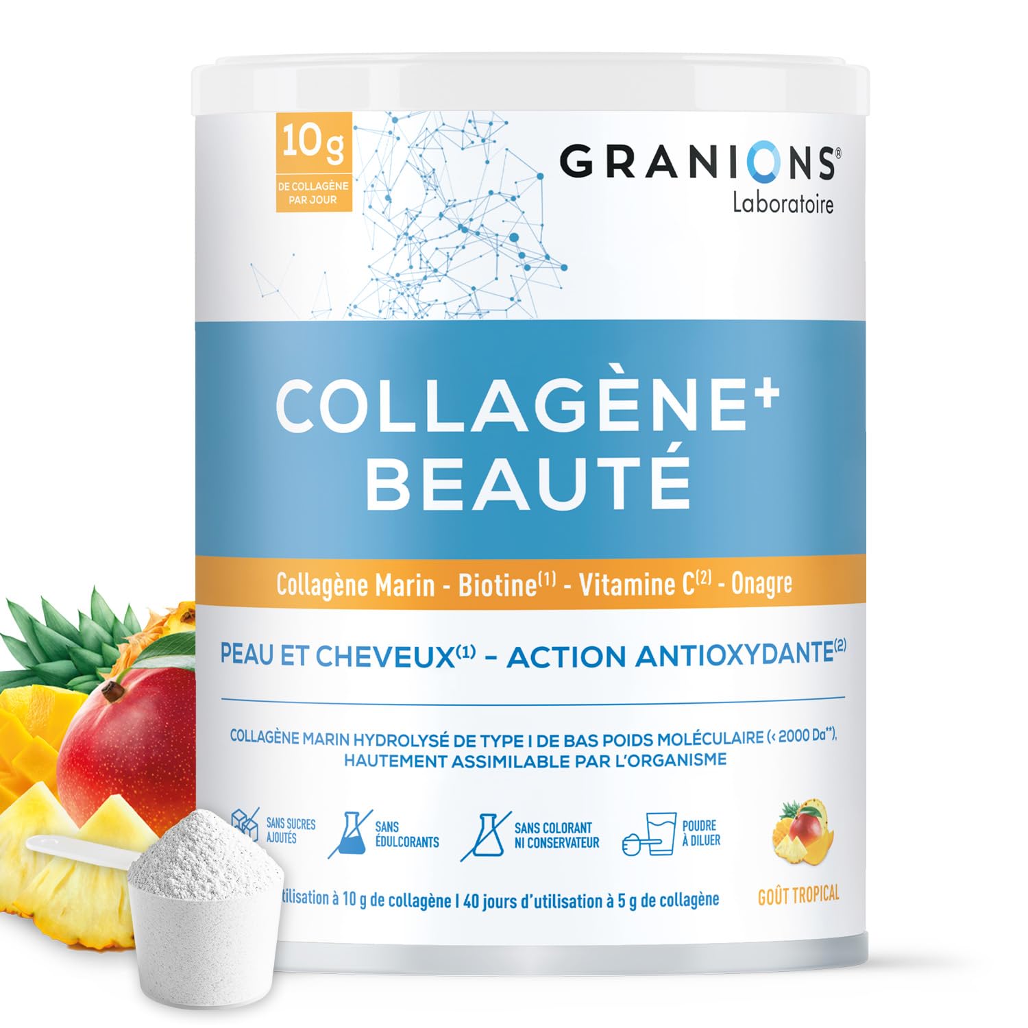 Acide Hyaluronique - Granions Collagene Marin Beaute N1 Pharmacies - Poudre | Collagene N1 en pharmacies, collagene marin et acide hyaluronique, soutient beaute et elasticite de la peau au quotidien