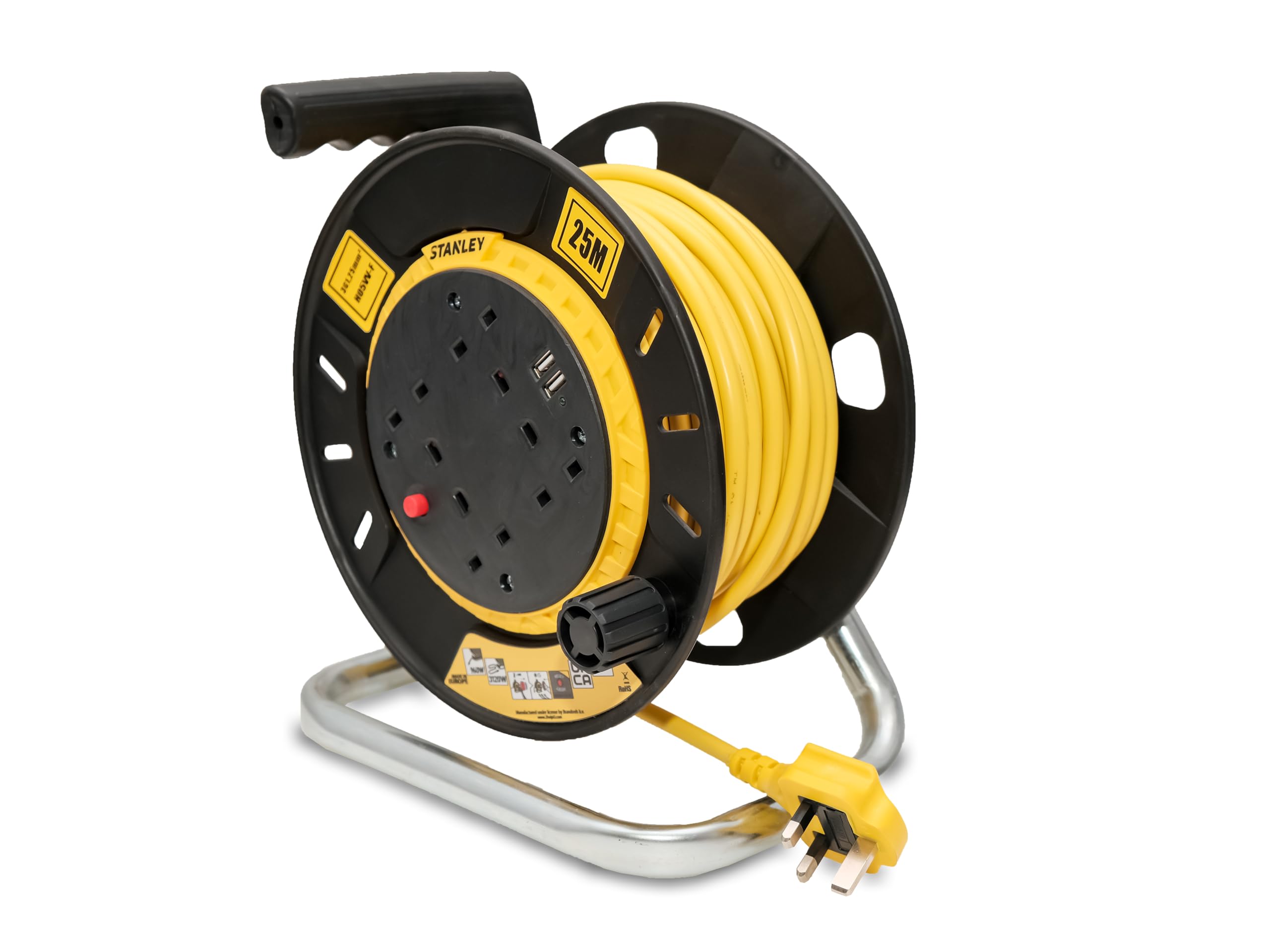 Stanley Yellow 6 Socket Open Drum Cable Extension Reel 240V And Usb