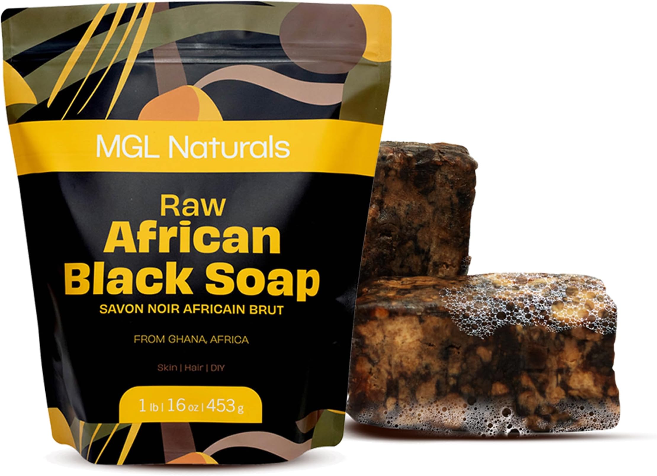 MGL Naturals Raw African Black Soap 1 lb from Ghana, Africa | Vegan & Organic | Face and body deep cleanse wash. (1 lb)