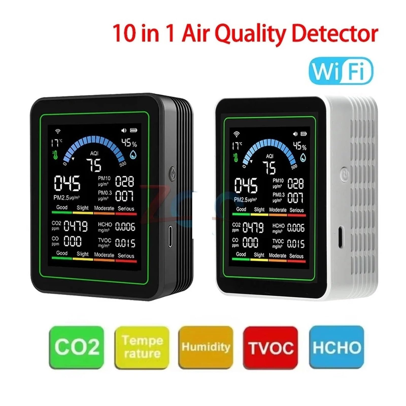 Monitor de calidad del aire, Monitor De Dióxido Carbono 10 En 1 WiFi PM0.3,0 2,5 Detector Formaldehído Temperatura Humedad CO2 Calidad Del Aire(Black)