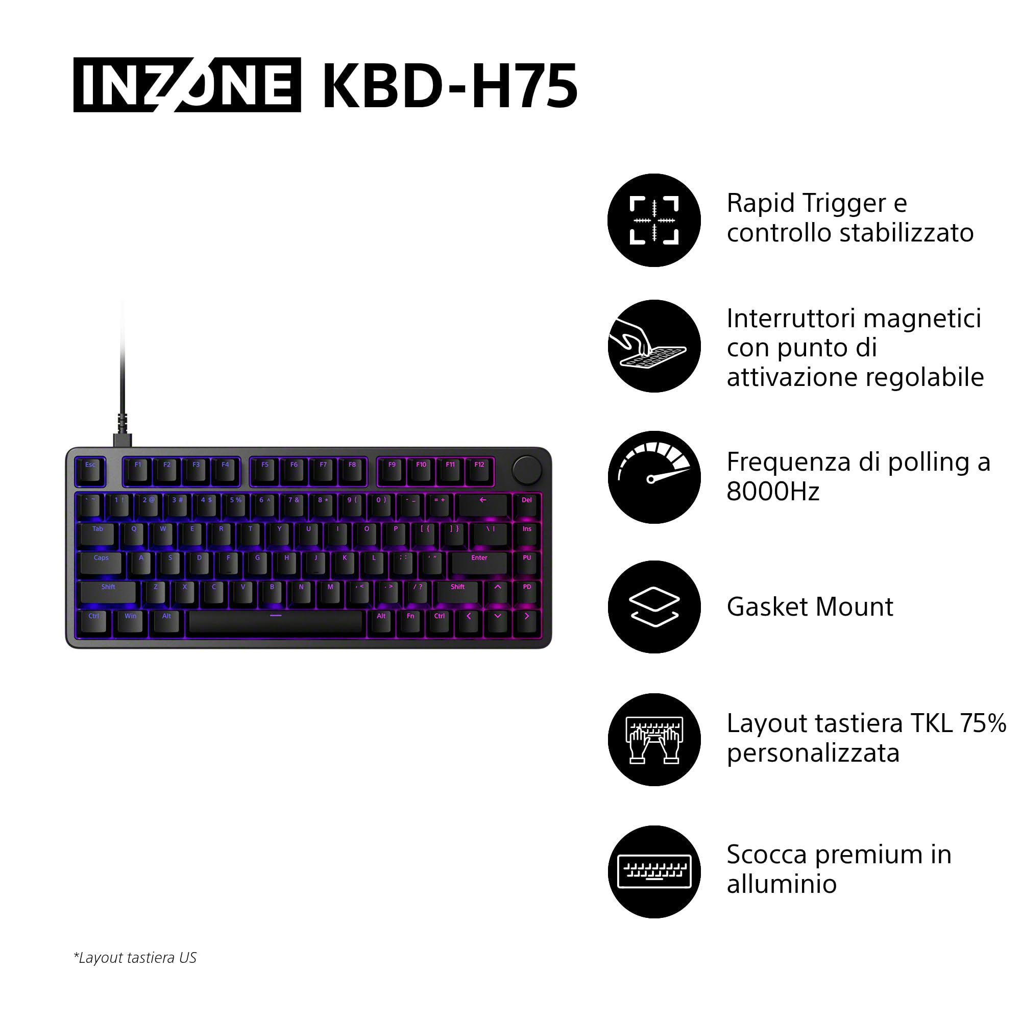 Sony INZONE KBD-H75-75% TKL Gaming Keyboard - Rapid Trigger - Dettaglio