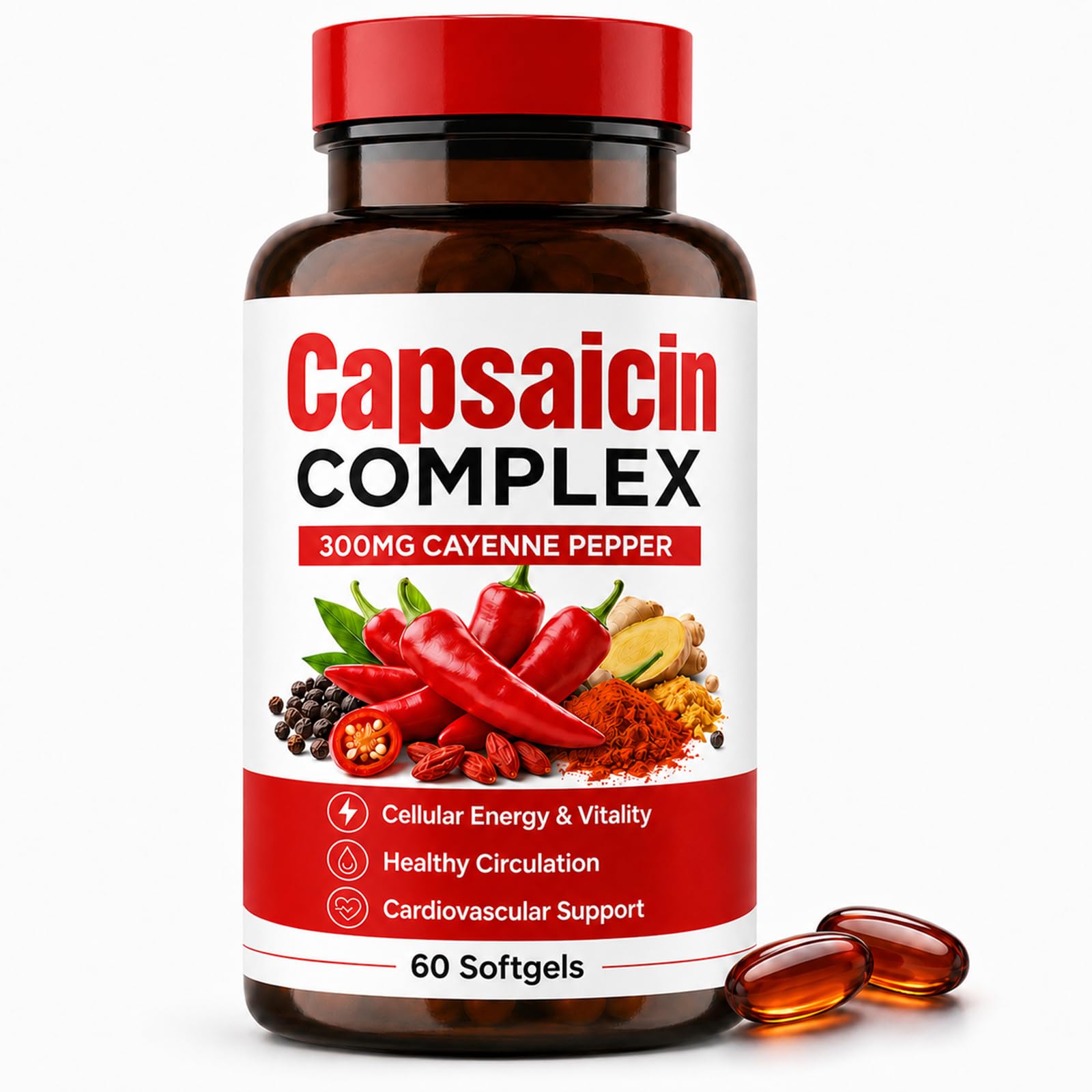Capsaicin Complex, Cayenne Pepper Extract 300mg with CoQ10, Turmeric, Vitamin D3 & K2, Beetroot Powder, Hawthorn Berry & Garlic Oil, 60 Softgels