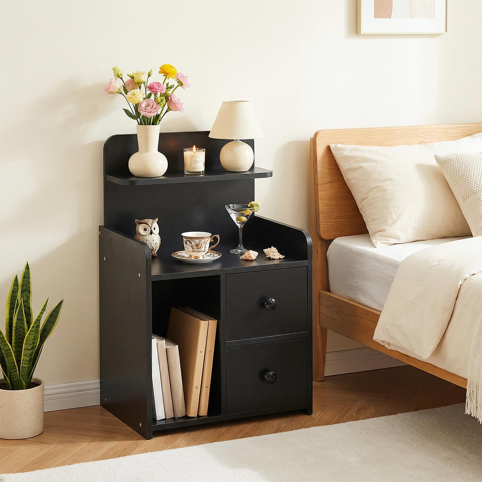 Warmiehomy Bedside Table with 2 Drawers Open Shelf 4-Tier 40x26x60cm,Black