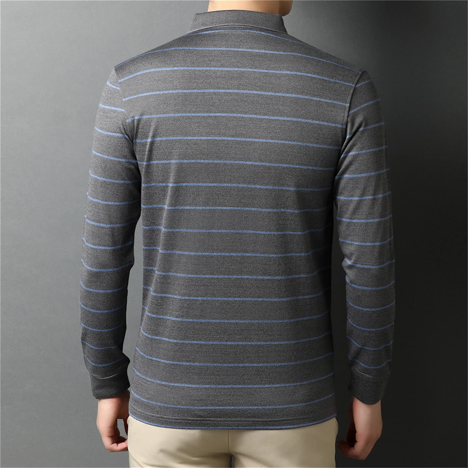 Herren-Polo-Shirt, Herbst, Baumwolle, Business-Casual-Stil, gestreift, langärmlig, grün, M