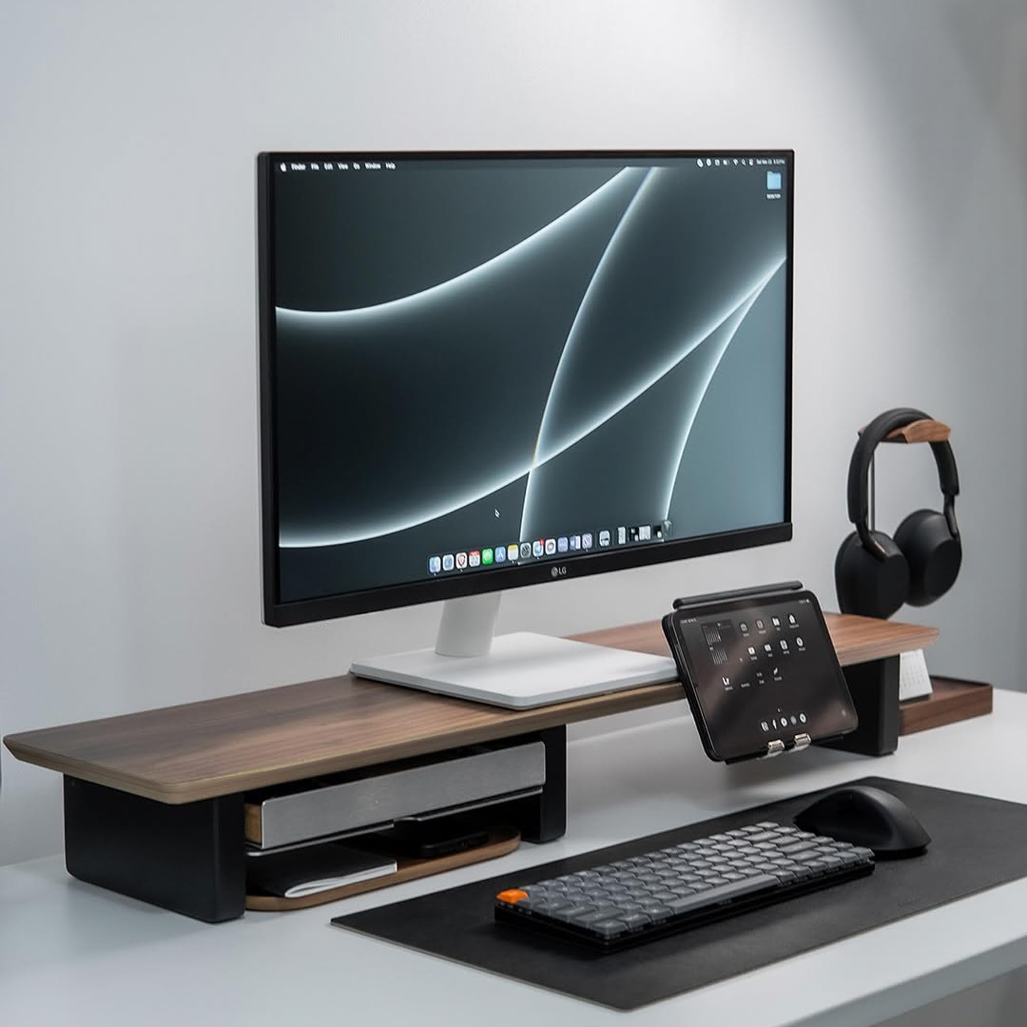 Desk Shelf Monitor Stand System for Dual Screen Setup Matte Black Wood Large for Office Wooden iMac Riser Large Desk Organizer Unit - 116cm (Walnut, Medium v2 | 36 Inches)