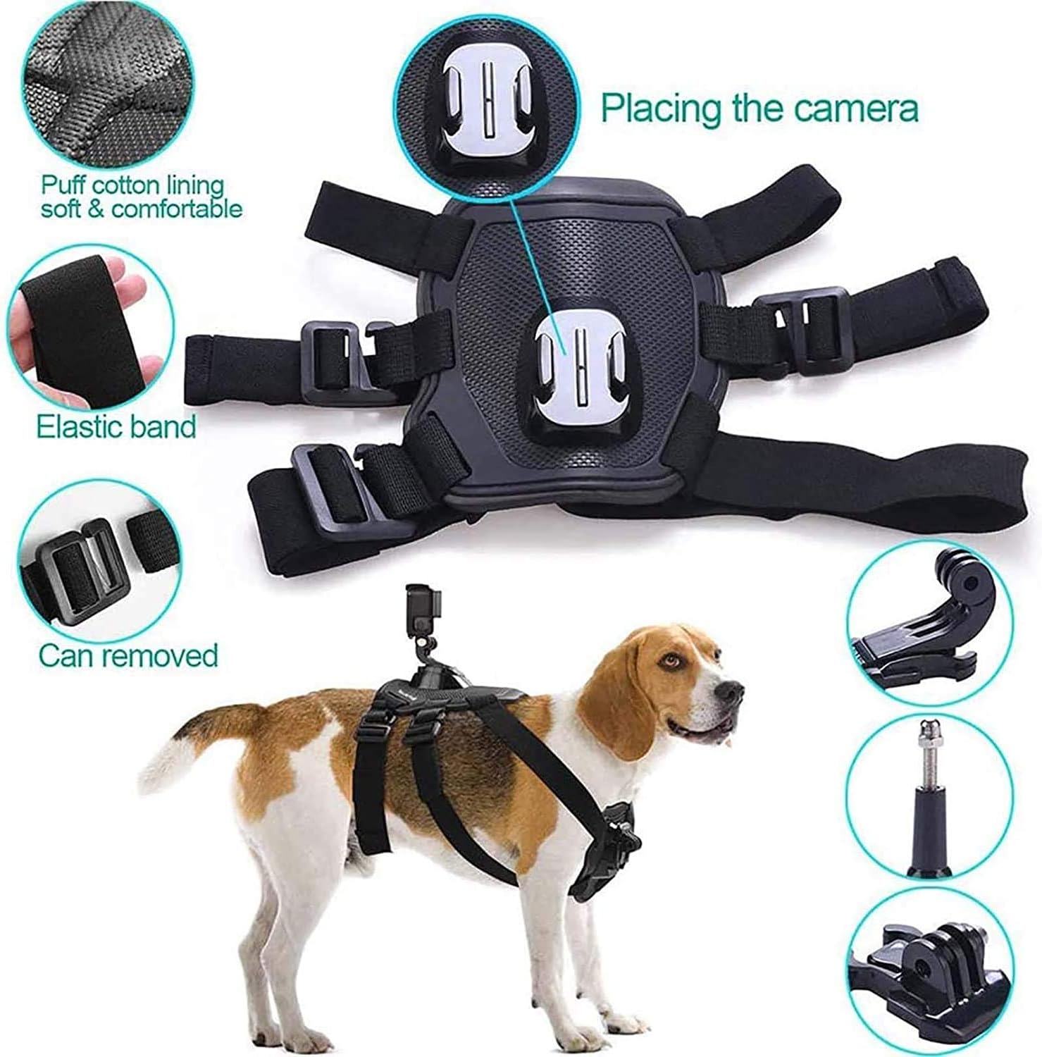 スポーツカメラホルダー付きドッグハーネスストラップ、ドッグチェストストラップハーネスカメラアクセサリー、GoProスポーツカメラヒー