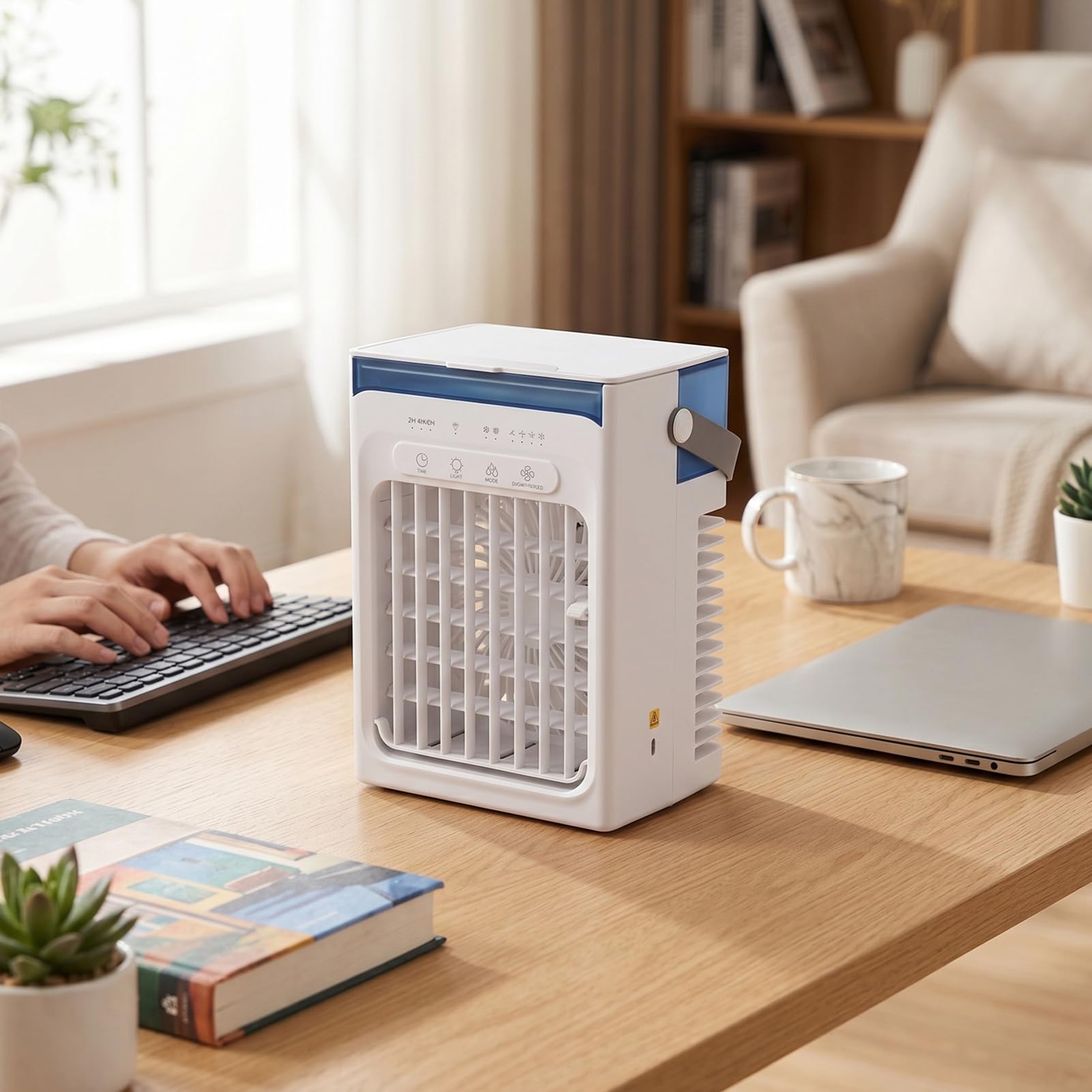 Generic Raffrescatore Evaporativo Portatile, Ricaricabile Tramite USB | Serbatoio dell'acqua da 1000 ml, 4 velocità del , timer 1-4 ore, luce ambientale RGB, ventola di raffreddamento ad aria