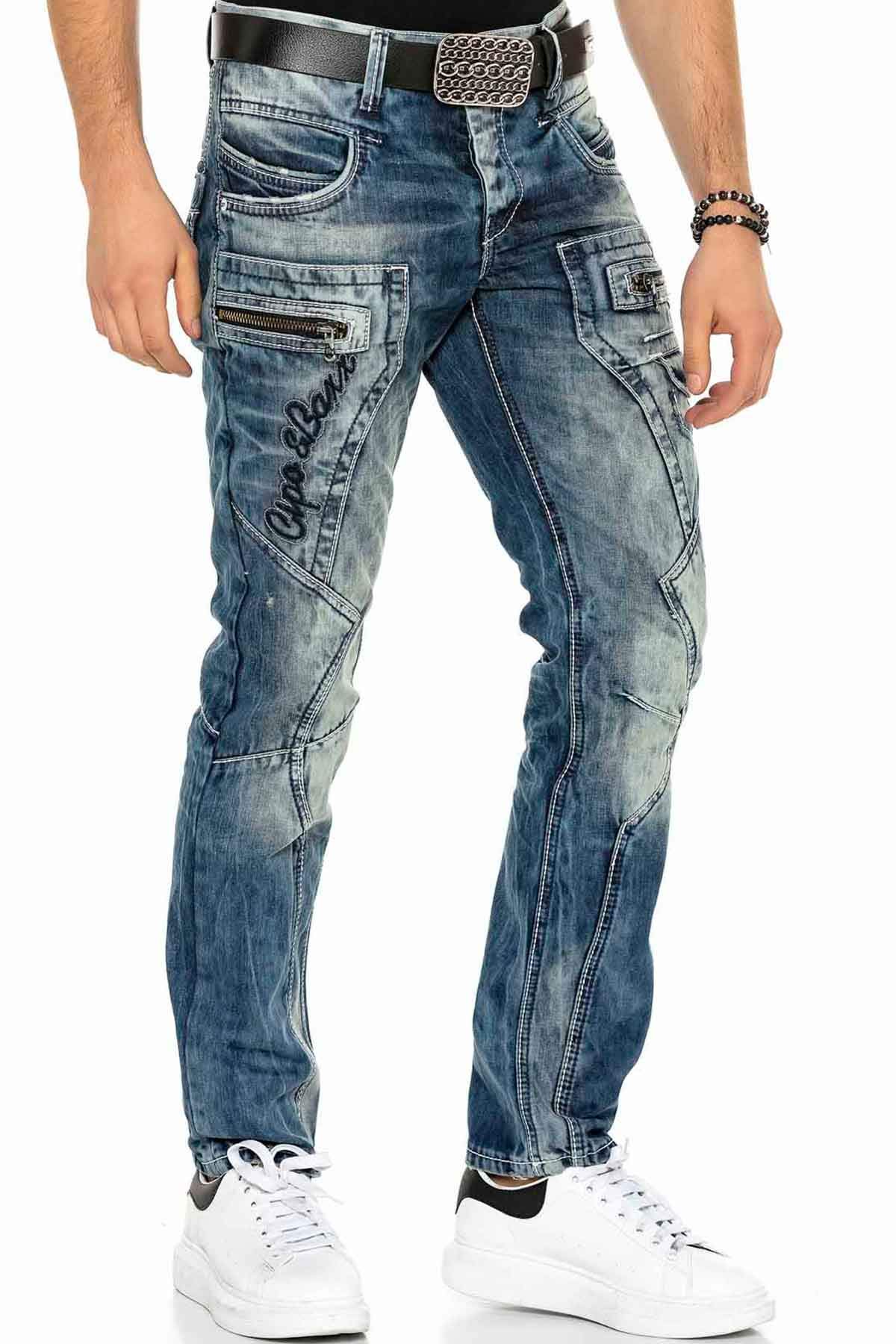 Cipo & Baxx Men's Jeans | Various Fits | Destroyed & Used Look with Studs, Faux Leather & Print | Modern Biker Style, 33 W/32 L