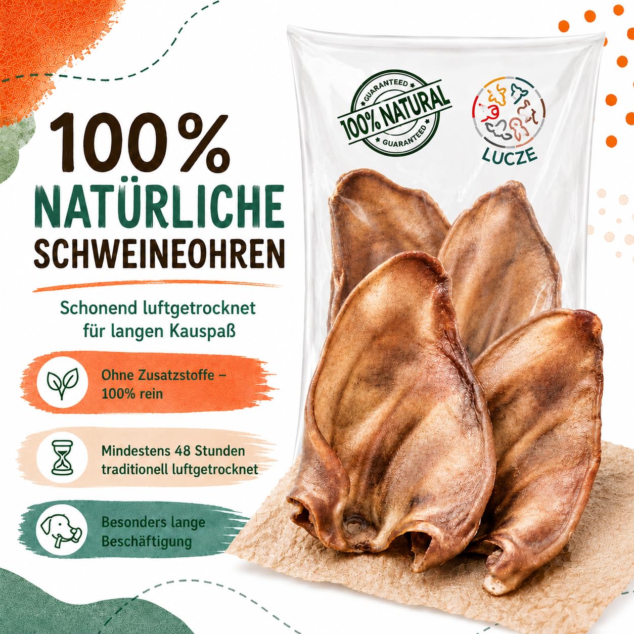 Lot de Oreilles de Porc pour Chiens 1kg, Environ friandises à mâcher 100% Naturelles sans Produits Chimiques, sans céréales, Article à mâcher pour Petits et Grands Chiens, Lucze