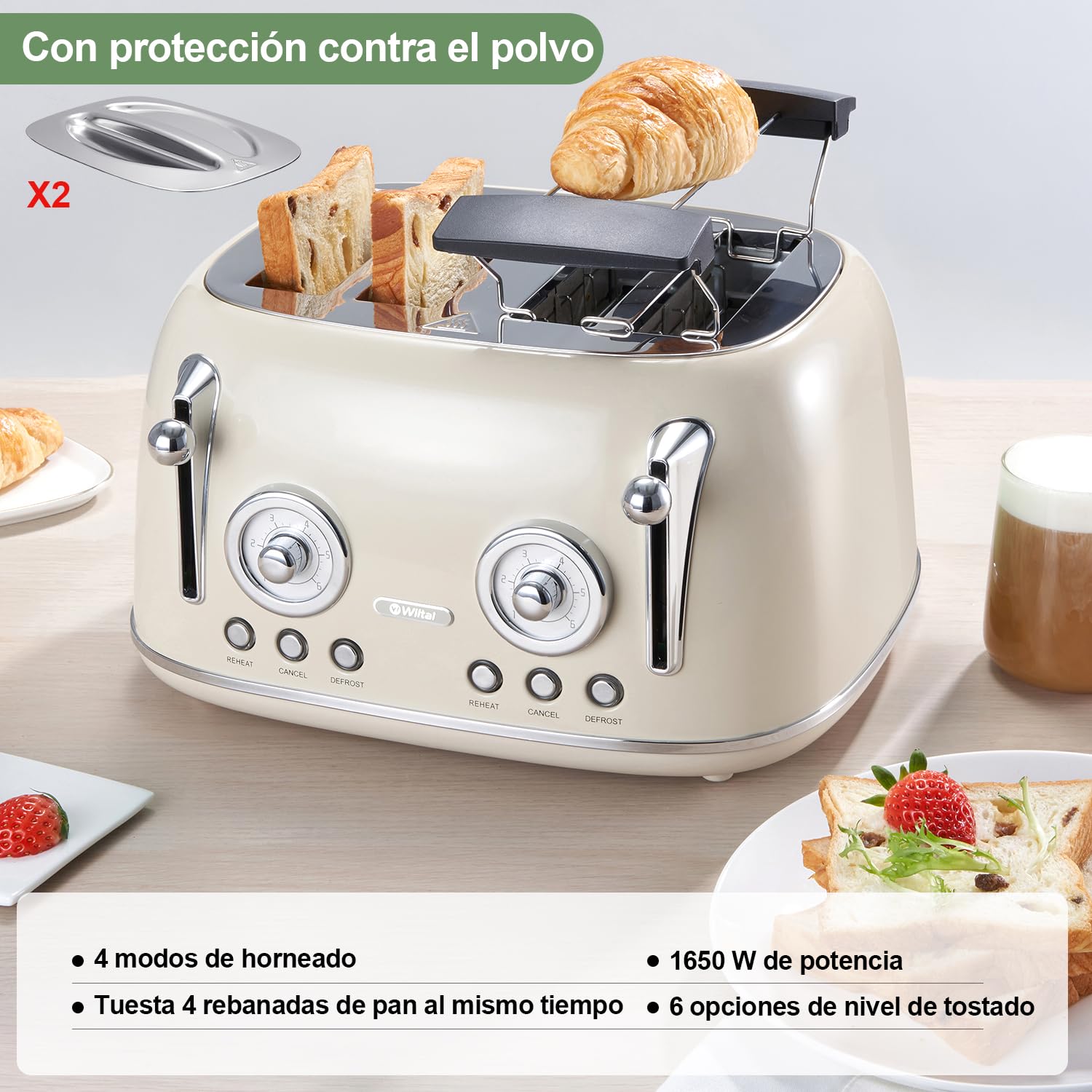 Wiltal Tostadora de 4 rebanadas, tostadora retro, carcasa de acero inoxidable, con accesorio integrado para panecillos, con tapa, grado de tostado 1-6, función de descongelación, bandeja recogemigas