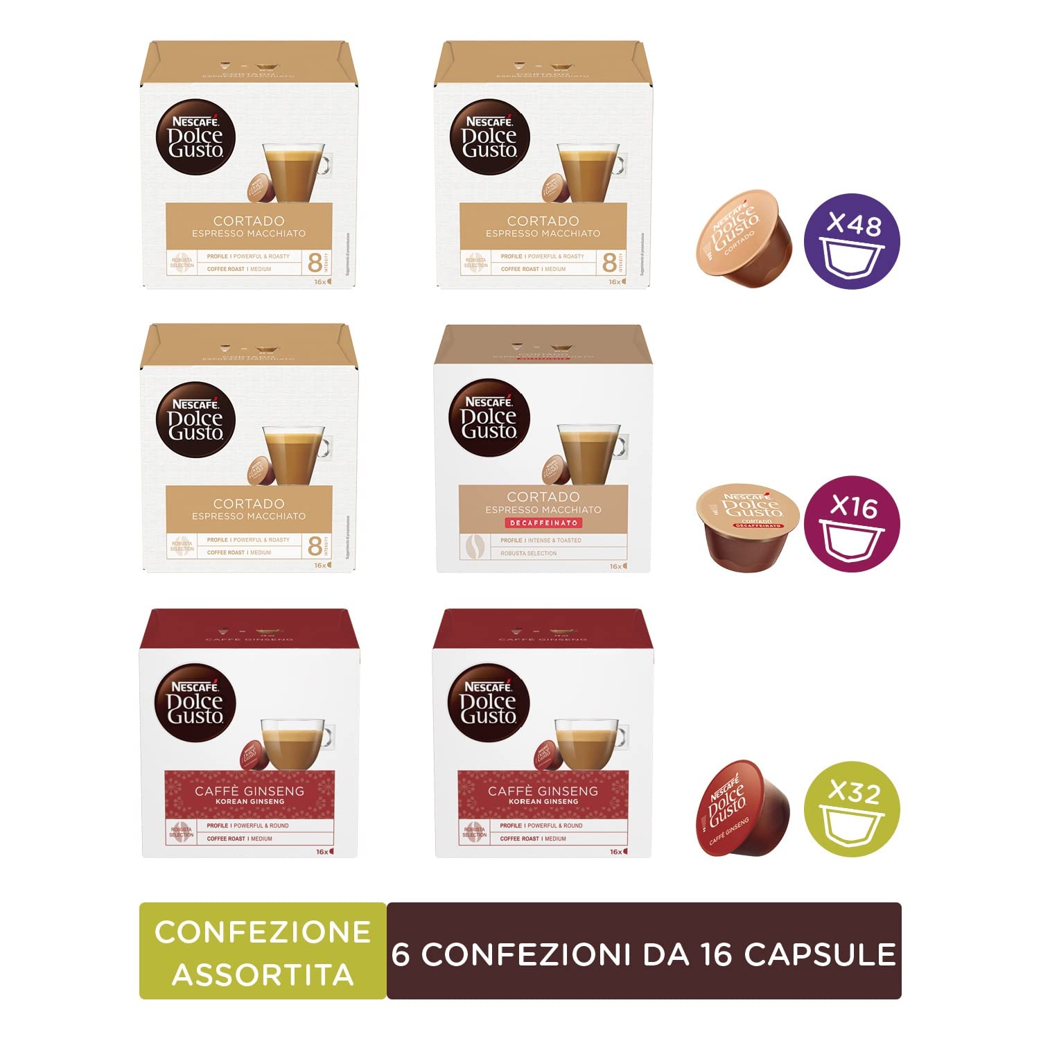 Nescafé Dolce Gusto 3 Confezioni Caffè Cortado Espresso Macchiato, 2 x Ginseng, 1 x Cortado Decaffeinato (96 Capsule)