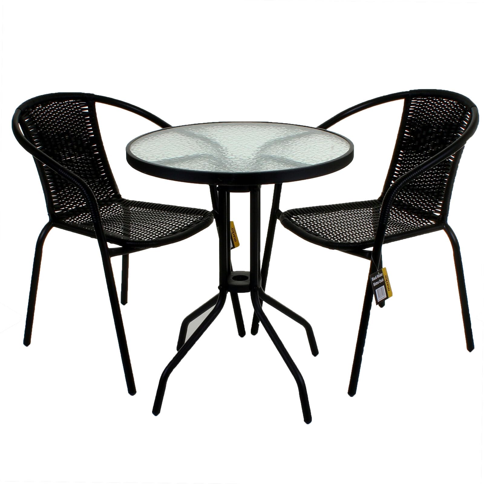 Marko Outdoor 3 & 5 Piece Bistro Set Black Wicker Rattan Woven Chairs with Round Glass Table (3 Piece Set)