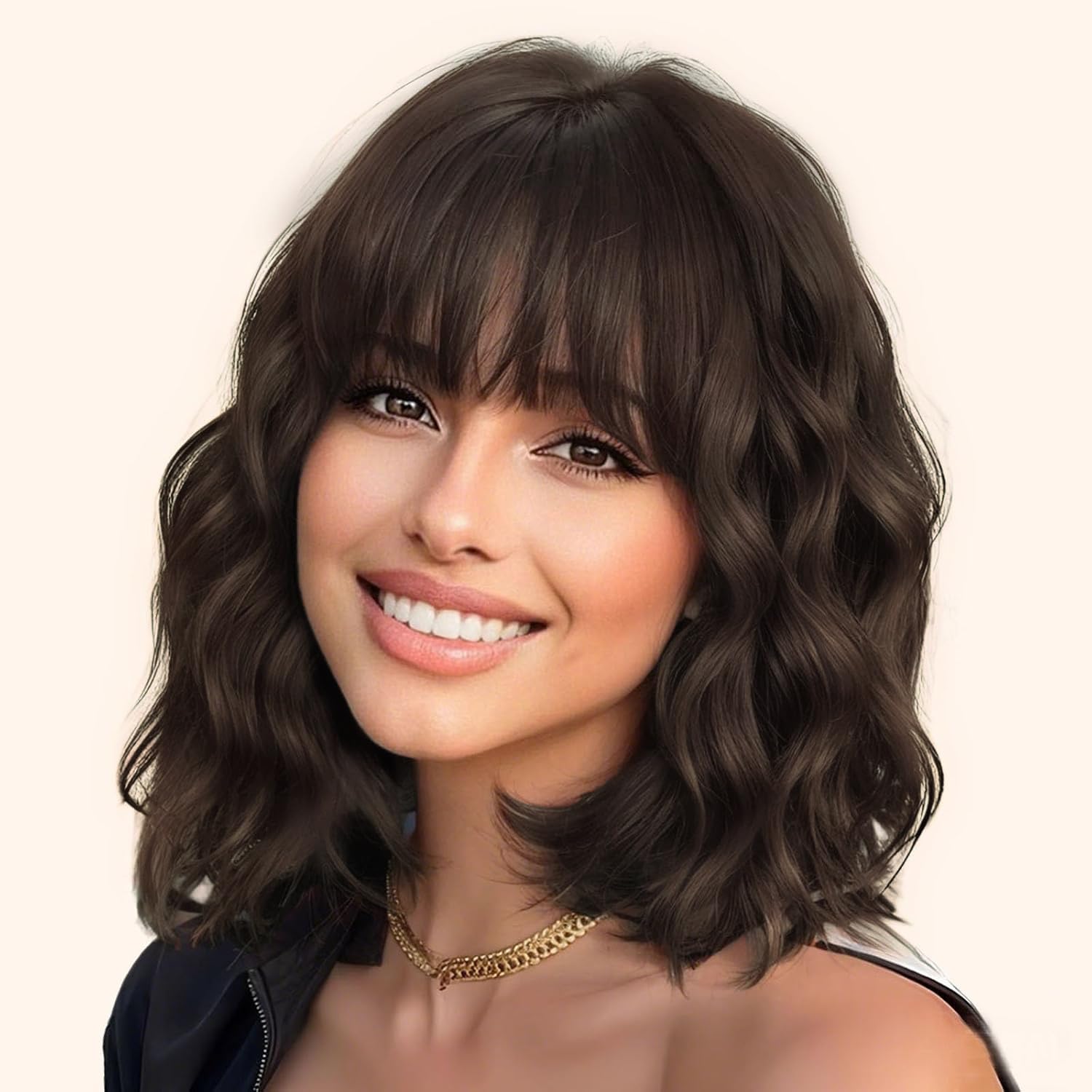 Photo 1 of Novastel Wigs Human Hair with Bangs Short Wavy Bob for Women Black Mixed Brown Highlights Lightweight Breathable Glueless for Daily Party Cosplay (Dark Brown,14 Inch)
