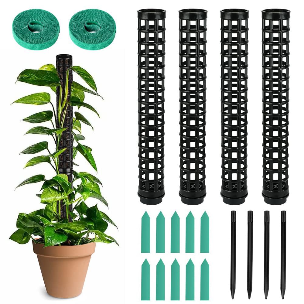 KOWVOWZ Moss Pole, Plastic Moss Pole, Plastics Stackable Plant Poles for Indoor Plants Climbing with Labels and Hook and Loop Fastener, Monstera Trellis Plant Support Stake Climbing Aid (6, Black)