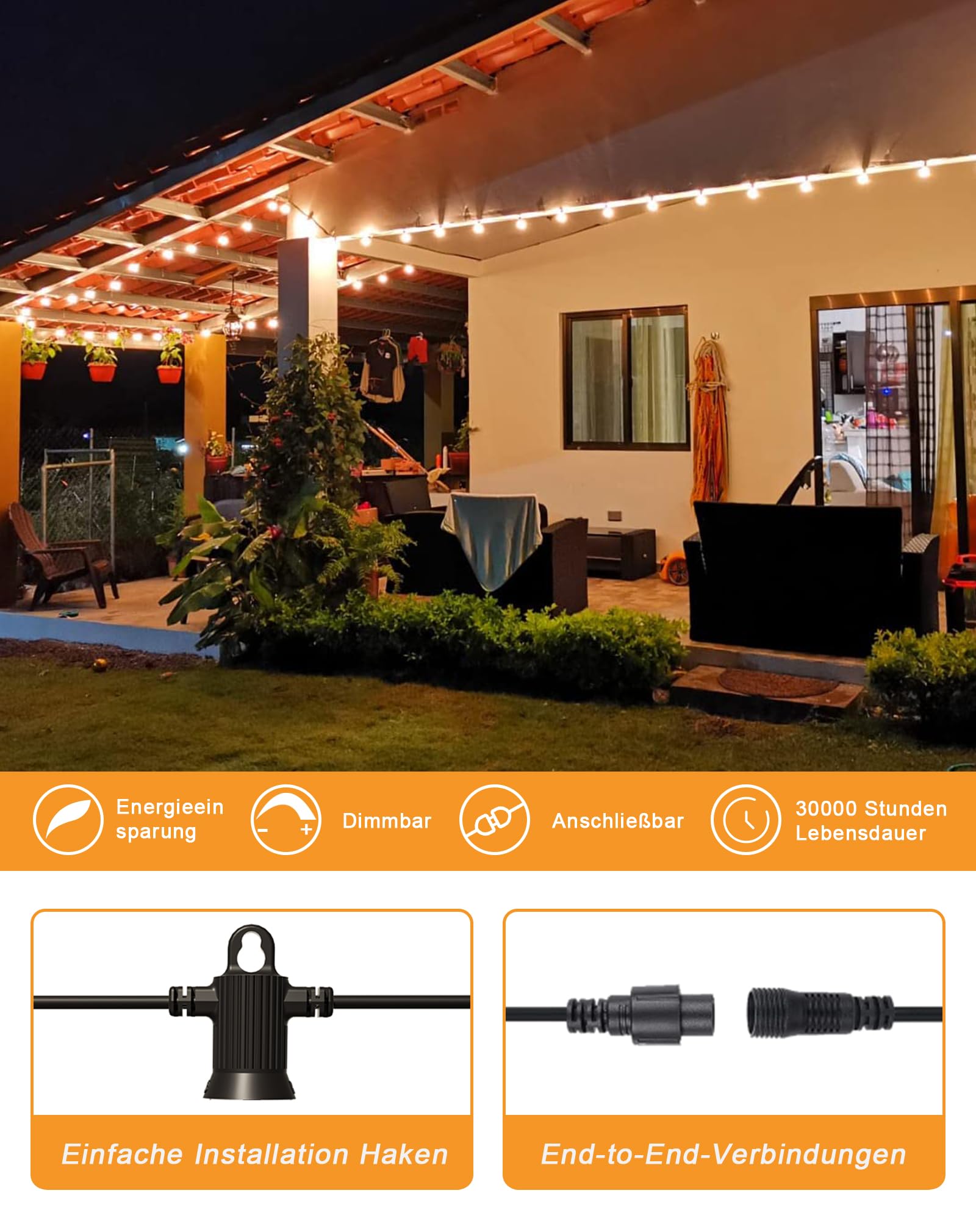 Zuske Catena luminosa da 20 m, per esterni, con 30 + 2 lampadine G40, infrangibili, IP65, impermeabile, per giardino, terrazza, matrimoni, feste, bistrò, balcone