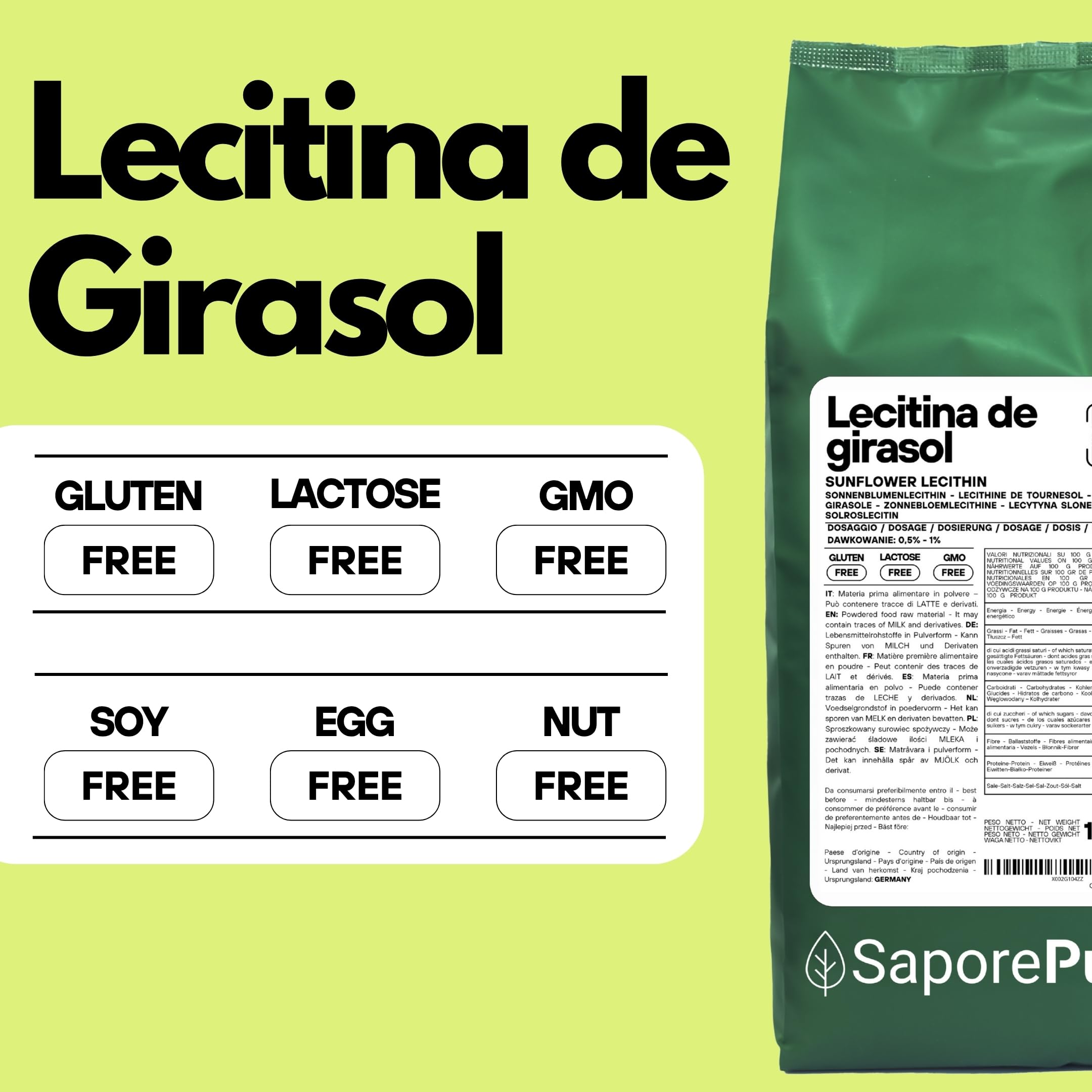 SaporePuro Lecitina de Girasol en Polvo 1000 g – Emulsionante Natural SIN GLUTEN
