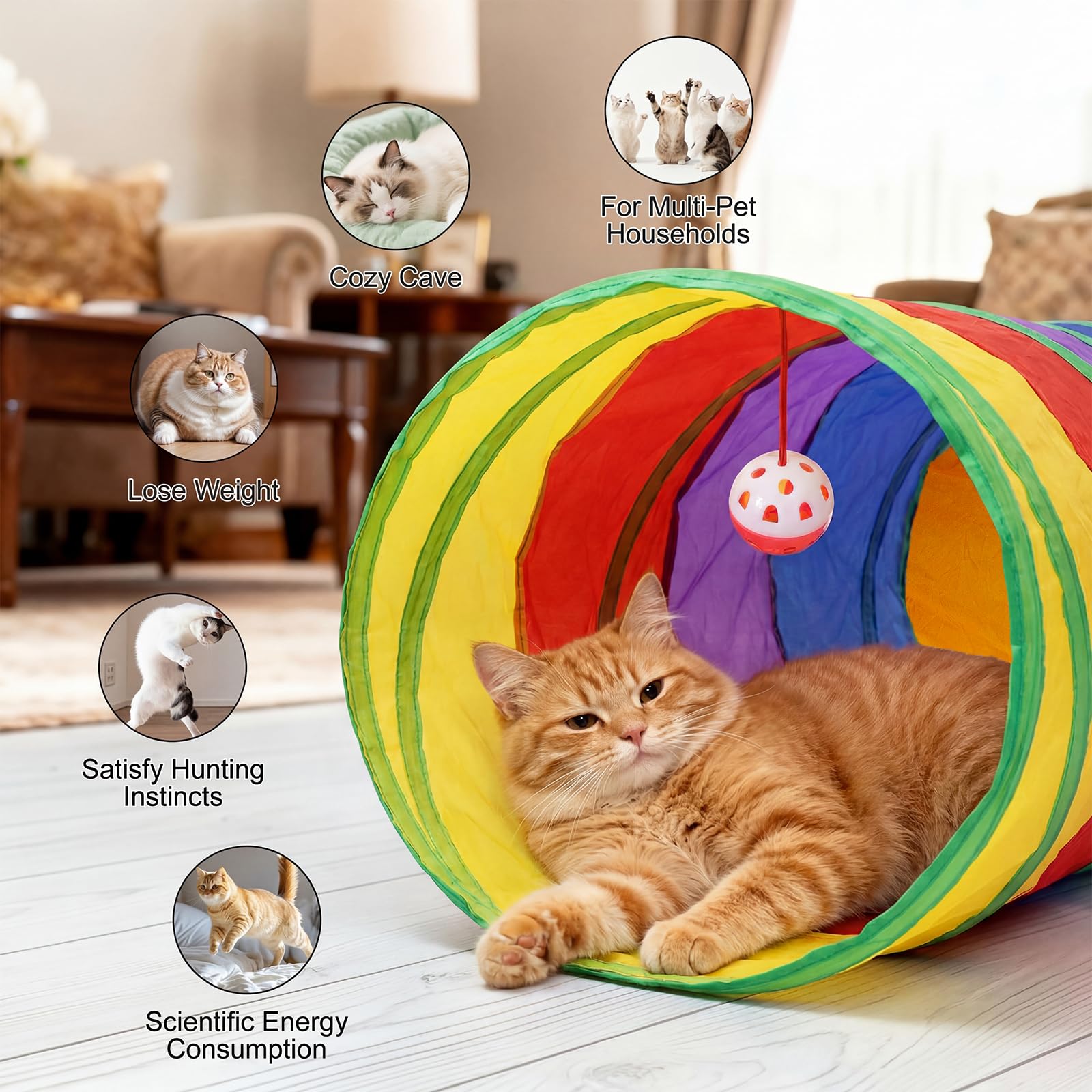 Bemodst Tunnel pour Chat d'intérieur, 2 Voies, 3 Voies, 4 Voies, 5 Voies, 5 Voies, Tubes et Tunnels Pliables en Forme de S pour Petits Animaux, Labyrinthe interactif pour Chaton, Lapin (5 Voies