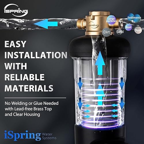 Miniatura 6 de iSpring WSP100ARJ - Filtro de agua de sedimentos giratorios tamaño jumbo mejorado gran capacidad reutilizable con módulo de descarga automática de