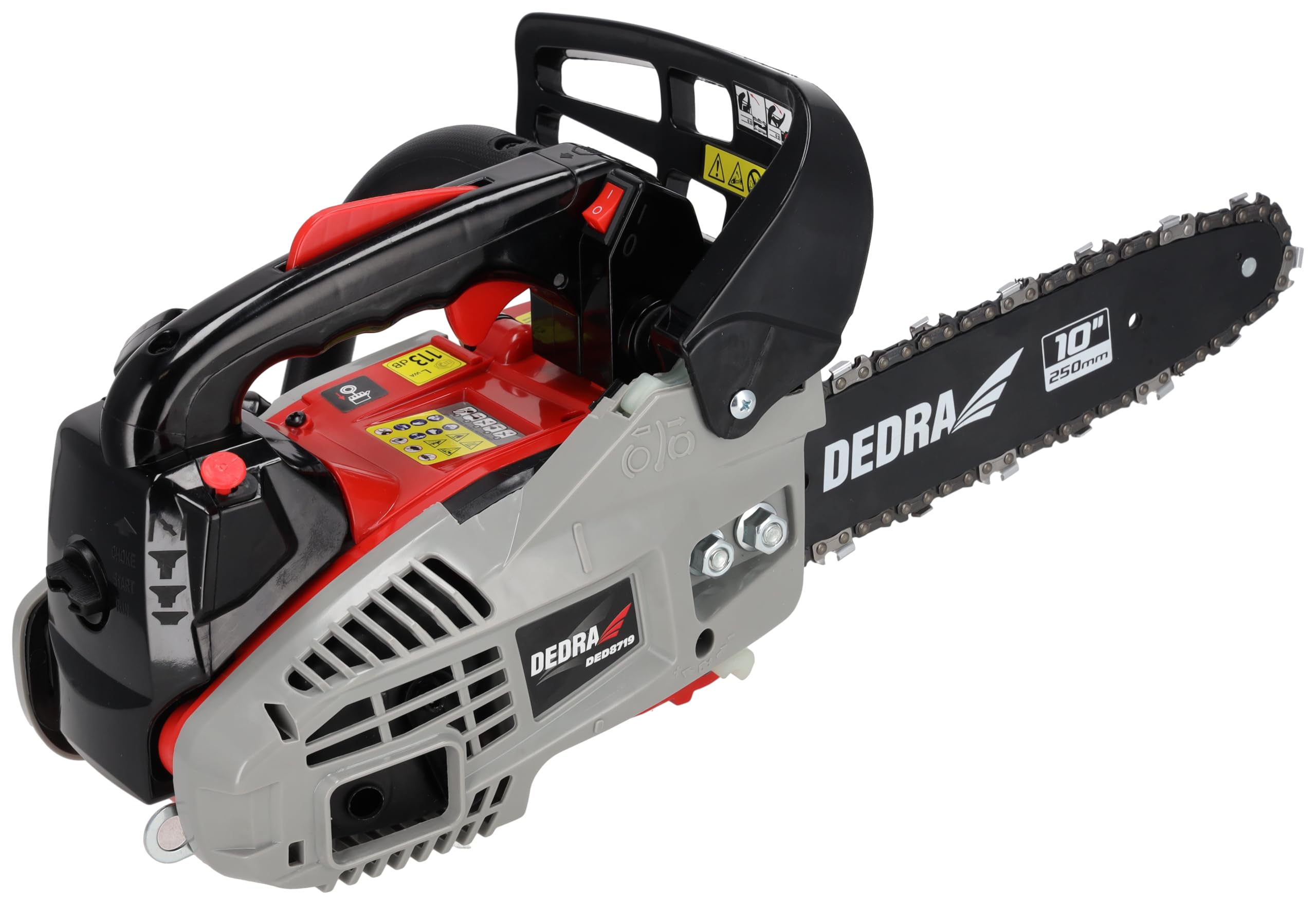 DEDRA Motosierra con motor de gasolina, minimotosierra, potencia 1,0 kW, 25,4 cm³, riel guía de 10" (25 cm), motor de dos tiempos refrigerado por aire, cadena de zapatos bajos, hasta 11500 rpm