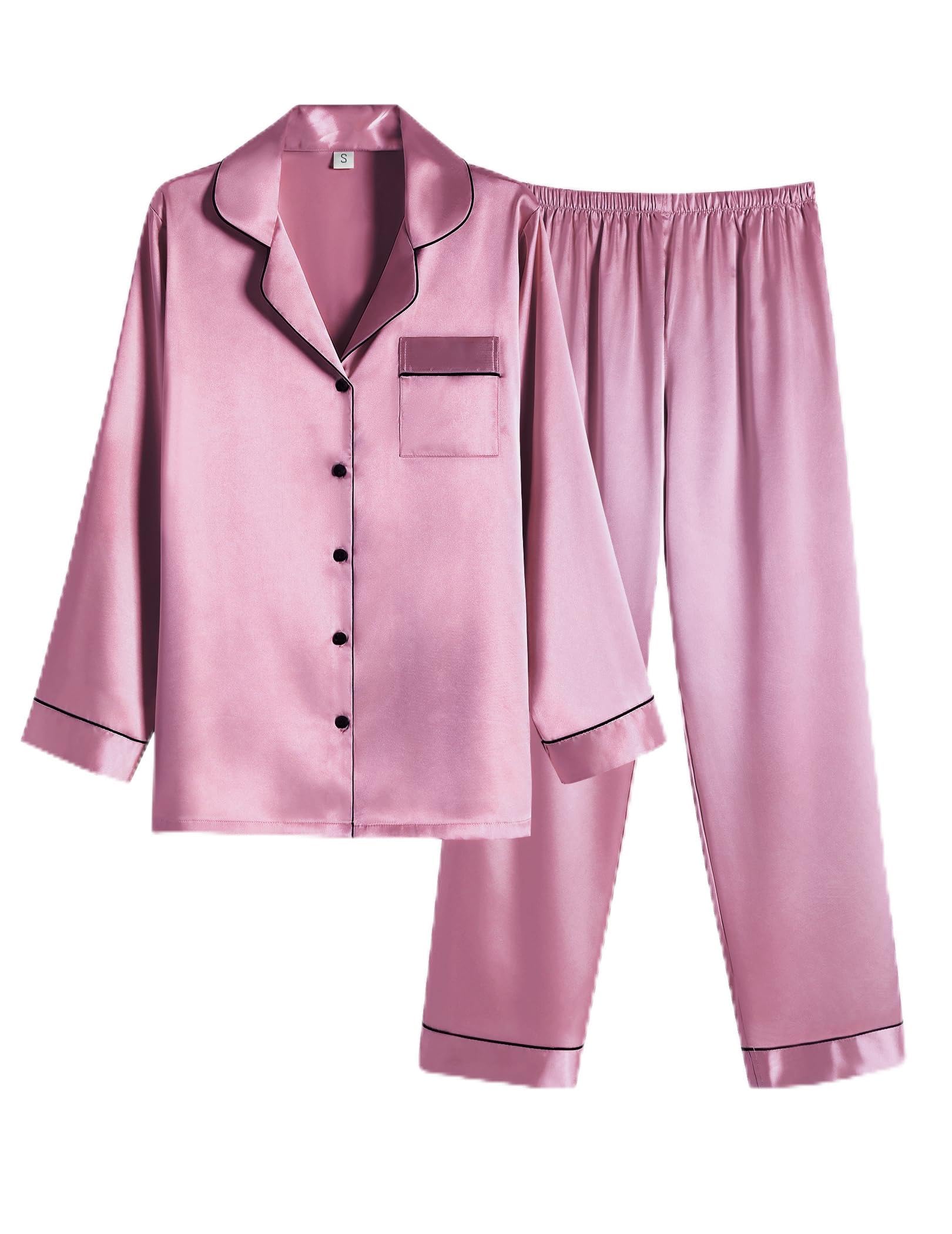 Ekouaer Women Satin Pajamas Set Classic Button Down Long Pjs Set