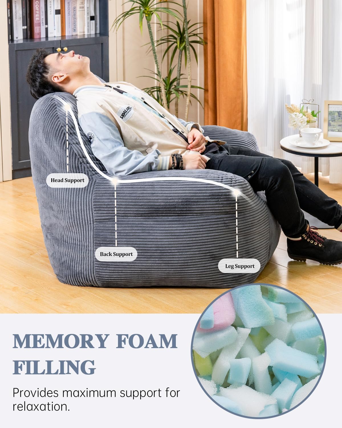 Lamerge Ergonomic Bean Bag Chair for Adults, Faux Fur Fluffy Sofa Chair with High-Density Memory Foam, Grey Comfy Bean Bag Couch for Reading, Gaming (38" Bean Bag Chair)
