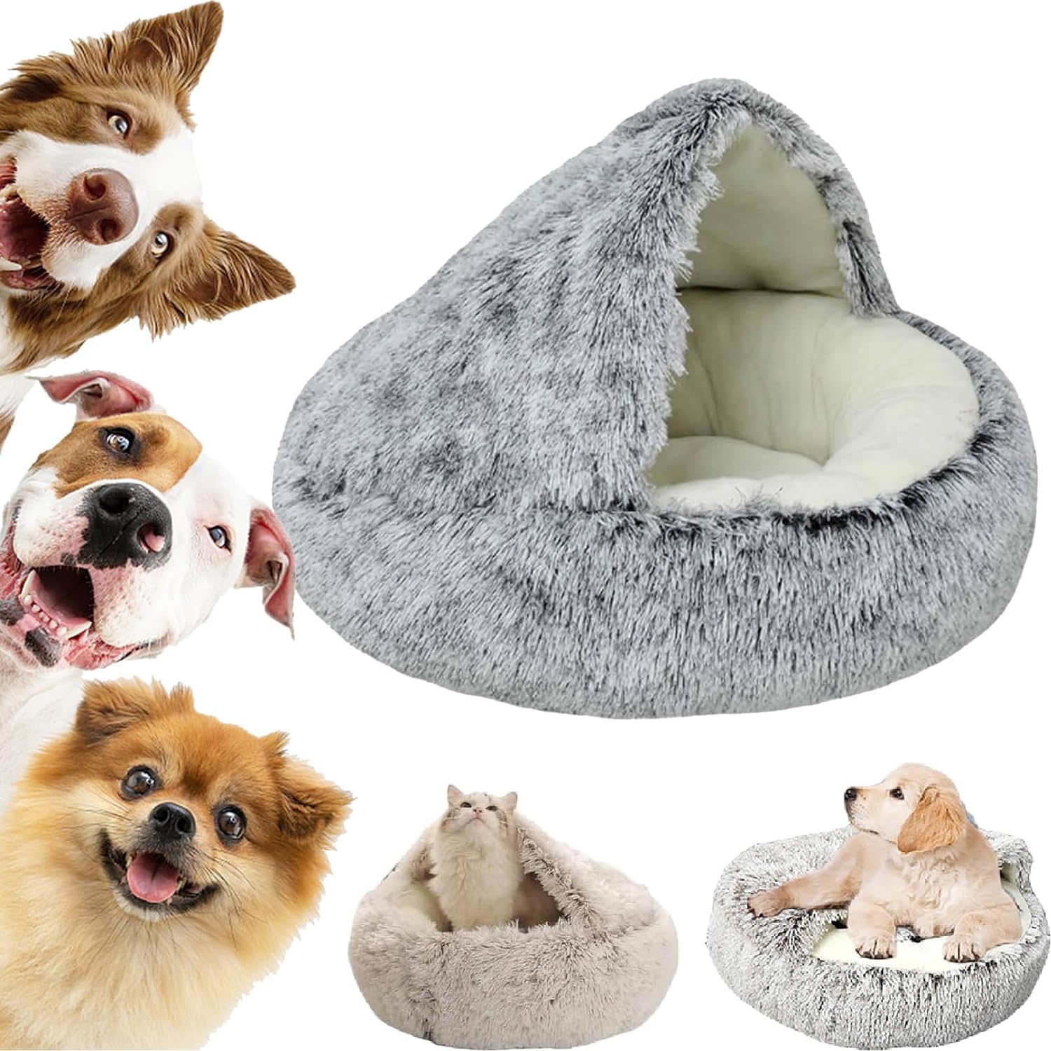JANGOU Olvys Cozy Cocoon Pet Bed for Dogs, Covered Plush Pet Beds, Winter Pet Plush Dog Bed, Cozy Nook Pet Bed for Dogs, Slicier Dog Bed,round Fluffy Donut Cat Beds (60CM,Coffee,Long velvet)