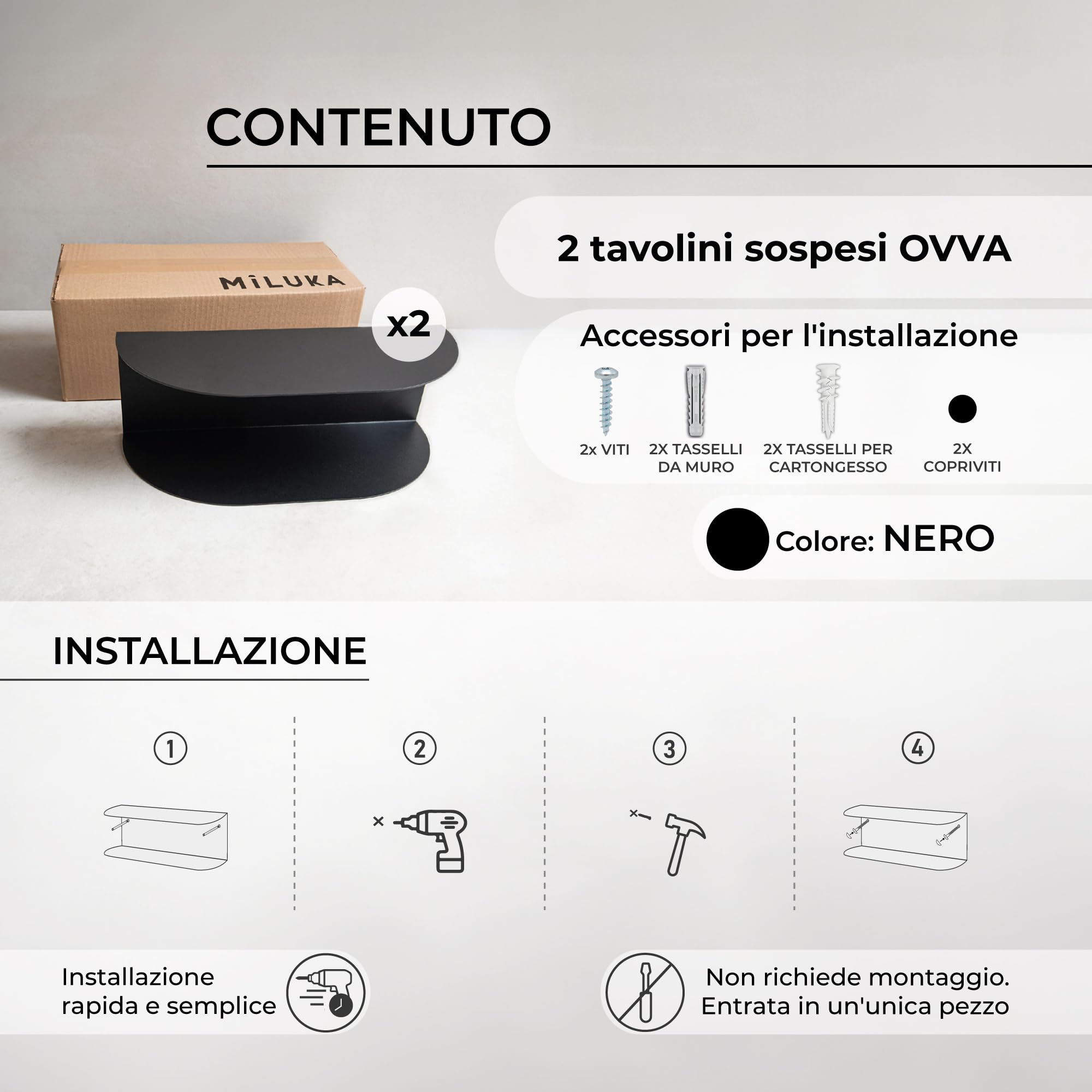 MILUKA Set da 2 Comodini Camera da Letto Moderni da 40 x 20 cm | Comodino Sospeso Nere, 2 Livelli | Mensole da Muro Versatile come Comodino Piccolo, Consolle Ingresso