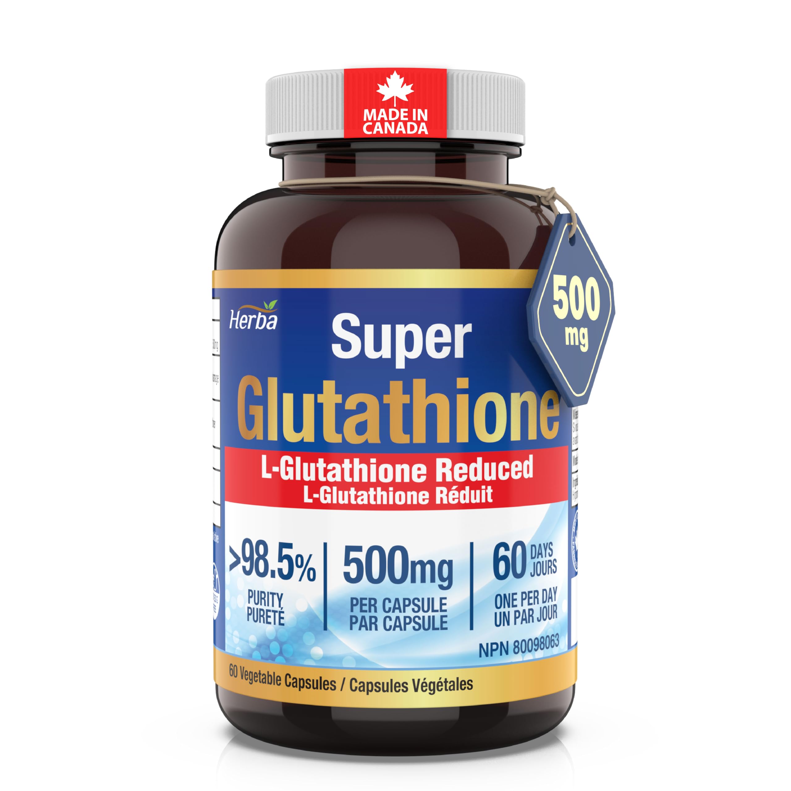 Herba Glutathione Supplement 500mg - 60 Vegetable Capsules | L Glutathione Reduced Active Form | Super Glutathione 500mg Capsule for Antioxidants | >98.5% Purity | Made in Canada