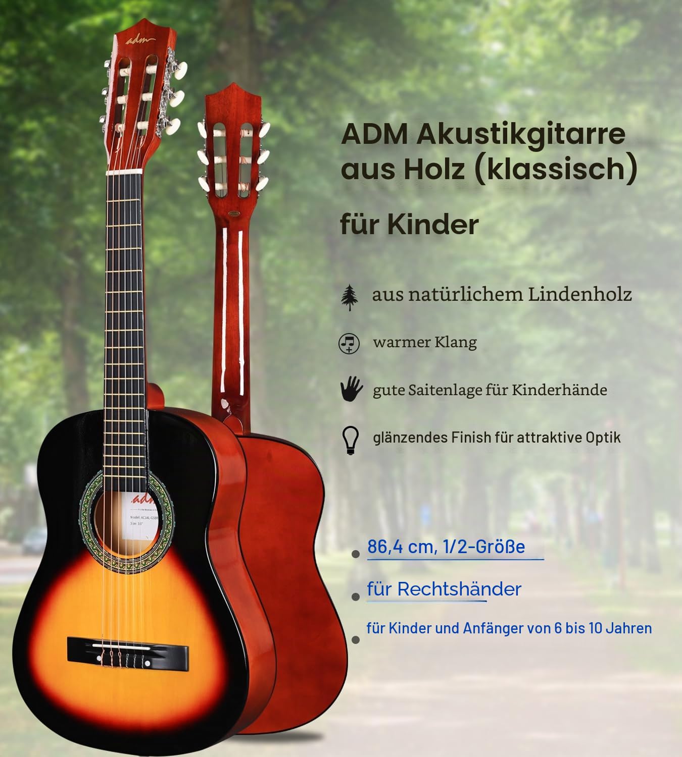 ADM Kinderkonzertgitarren-Set, Gigbag, Stimmgerät, Gurt, Plektren, zusätzliche Saiten, Aufbewahrungstasche und Reinigungstuch (Peachy Sun)