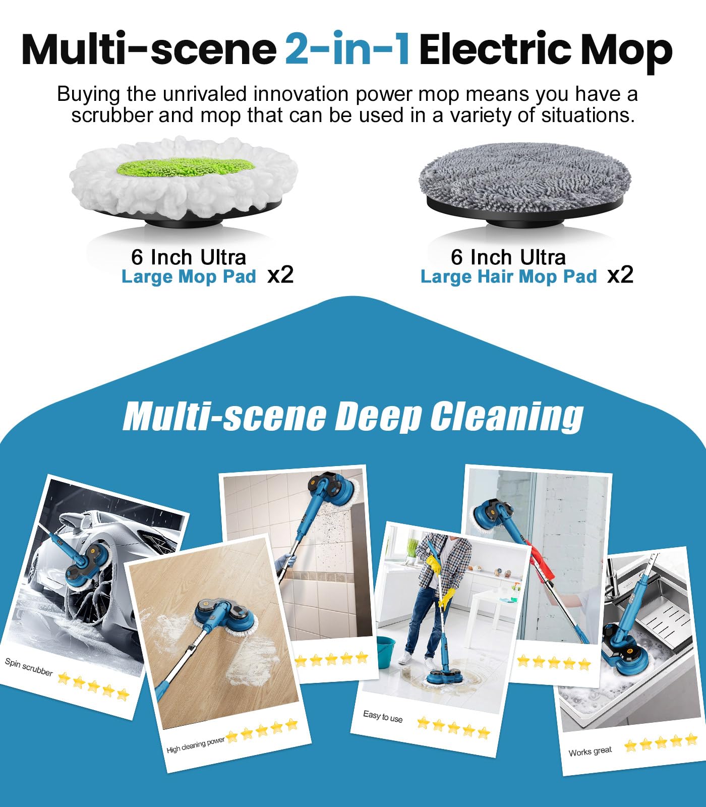 21V Mopa Eléctrica Inalámbrica, Mopa Fregona con 2 Pilas de 2000mAh Pulverizador, Fregona Eléctrica con Depósito de Agua de 300ml, Iluminación LED, 4 Almohadillas Lavables Mopas Limpieza Suelos