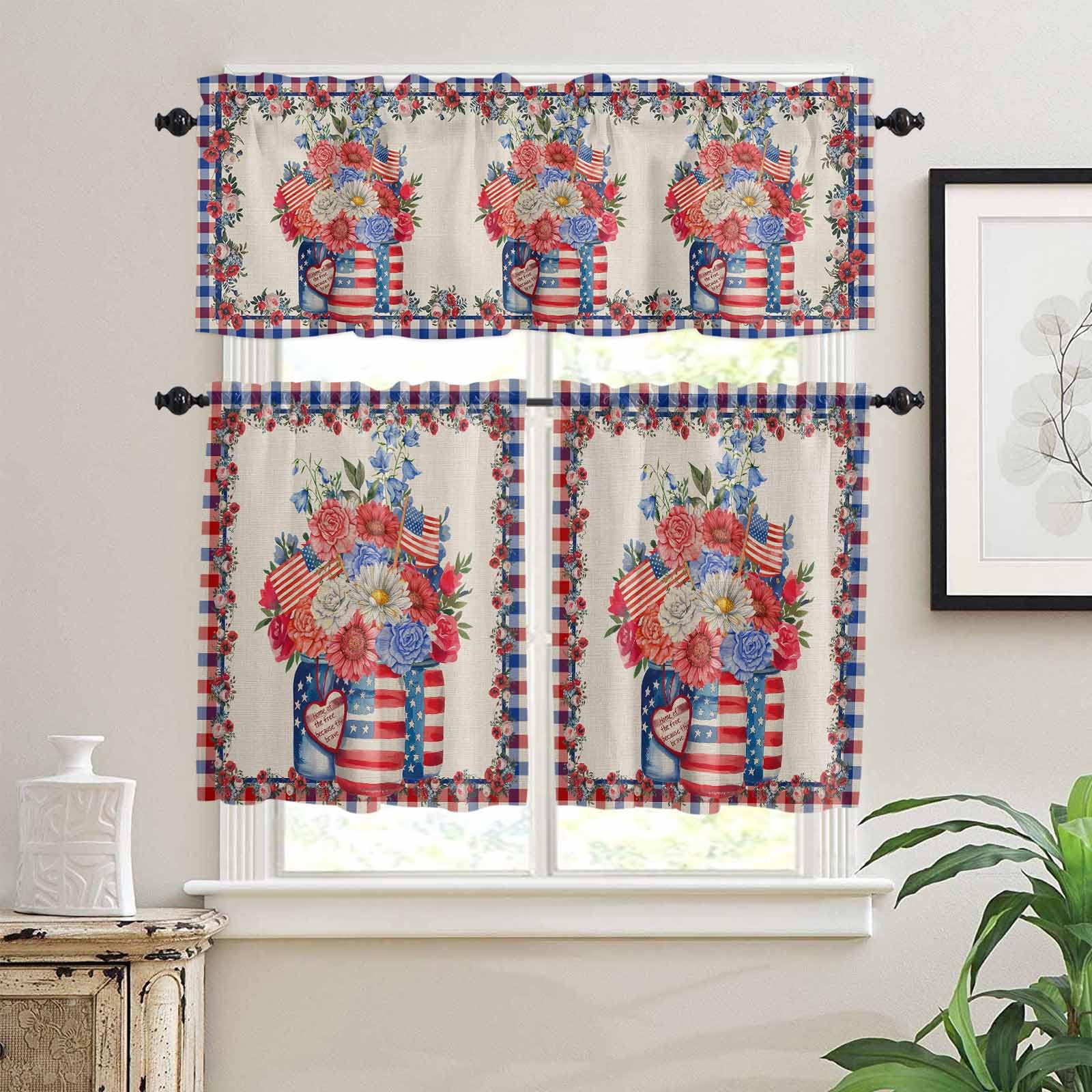 4th of July Kitchen Curtains 24 Inch Length,3 Piece Rod Pocket Small Half Tiers and Valance Set,Red Spring Floral Striped Independence Day Small Large Window Treatment Decor for Bedroom/Bathroom Sink