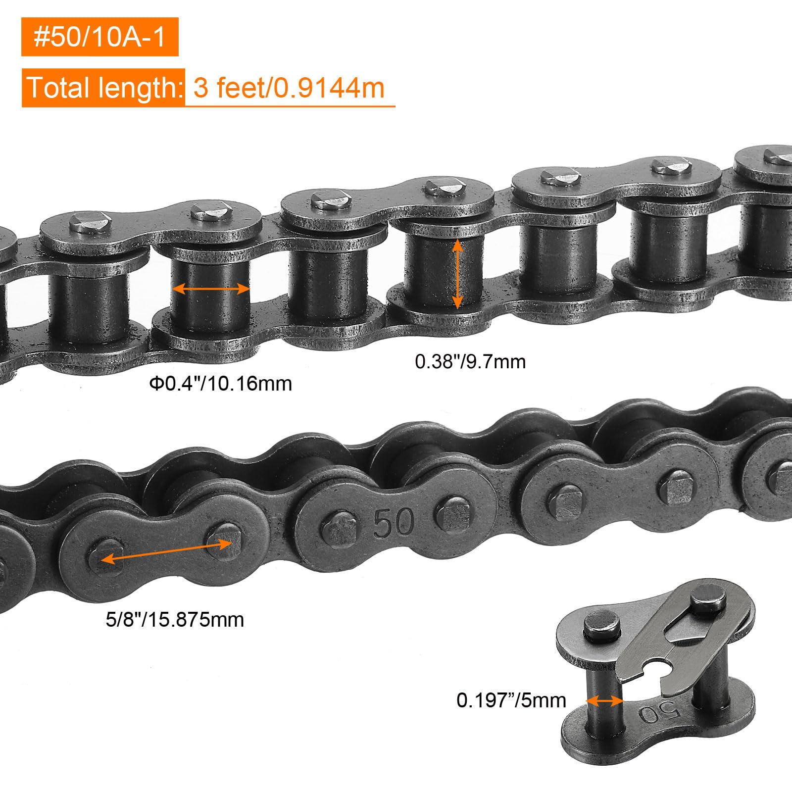QUARKZMAN #50/10A-1 Catena a Rulli 3 Piedi Passo 5/8" Catene a Rulli Acciaio al Carbonio con Collegamenti Master Gratuiti per Escavatori Trattori, 57 Link