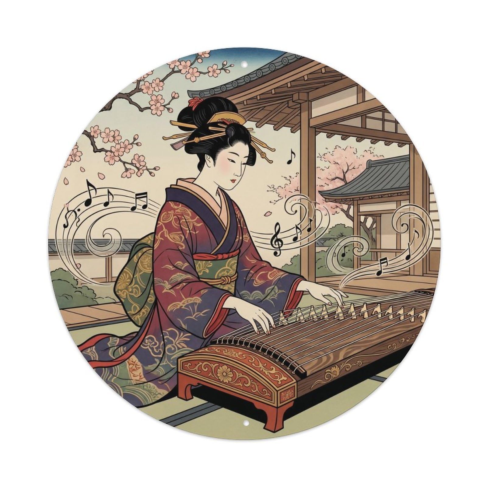 Galvaxio Style Japanese Kimono Woman Listening To Koto Music Traditional Metal Tin Sign