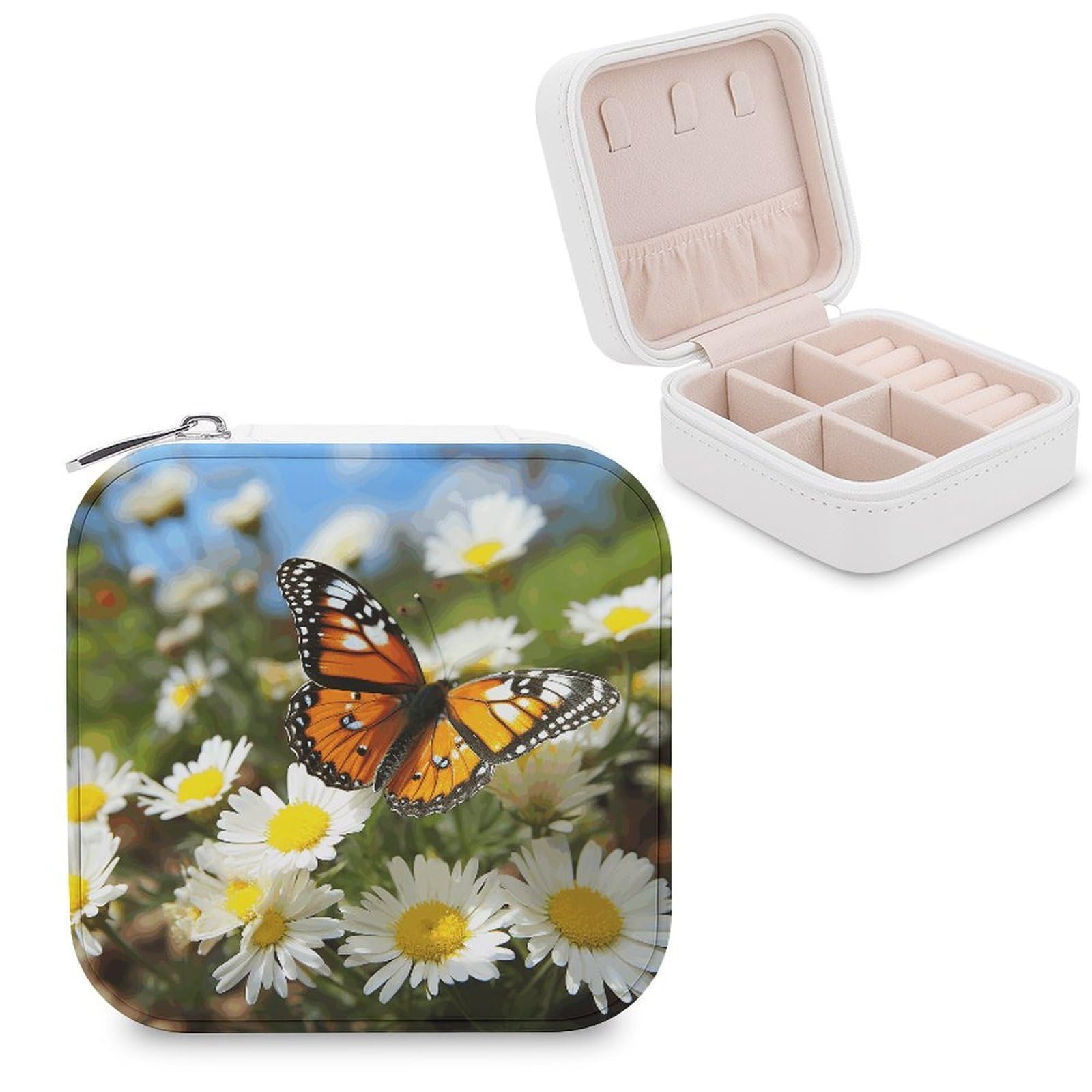 JTREHY Travel Butterfly on Daisy Flower Jewelry Case Portable Display Storage Box PU Leather Mini Jewelry Travel Case Personalized Travel Jewelry Organizer Small Jewelry Box for Women