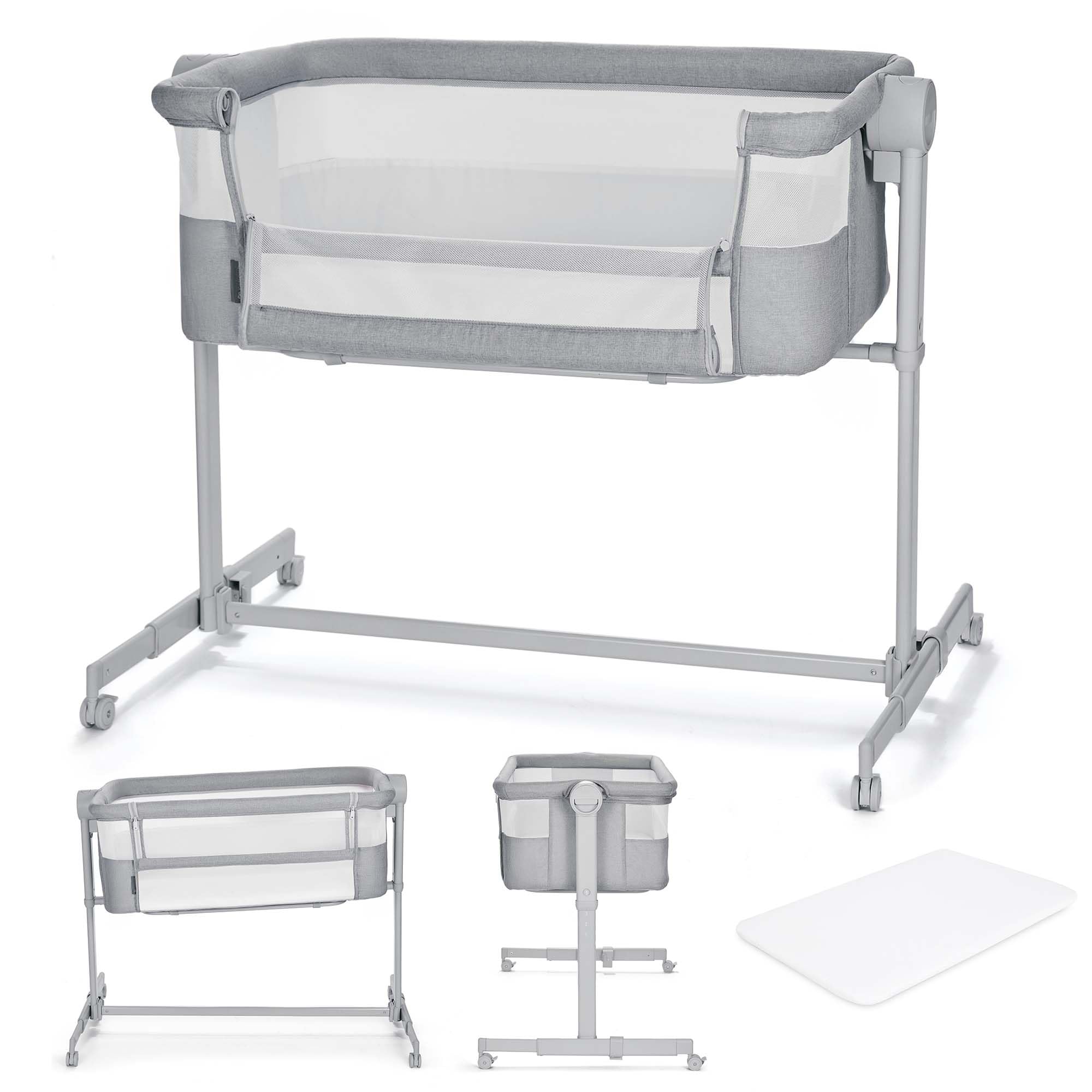 KINDERKRAFT Neste UP 2 Lit bébé cododo, Lit Bebe avec Matelas de la Naissance, Réglage de la Hauteur, Facile Adapter au lit du Parent, Pieds réglables, Gris Clair