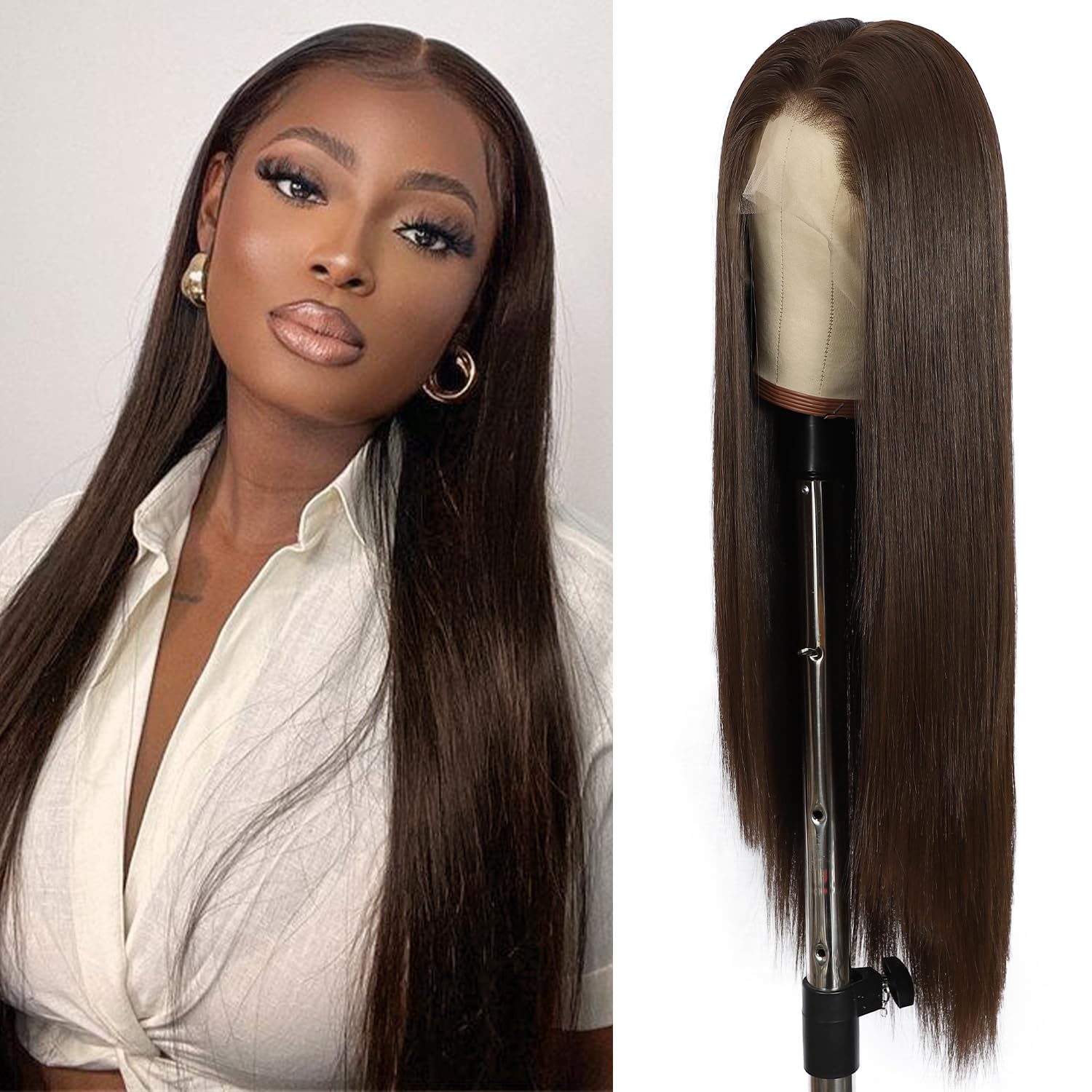 Brown Lace Front Synthetic Wigs,13x6 Straight Lace Front Wig for Women Part Pre plucked With Natural Hairline Heat Resistant Fiber for Daily Cosplay 26 Inches