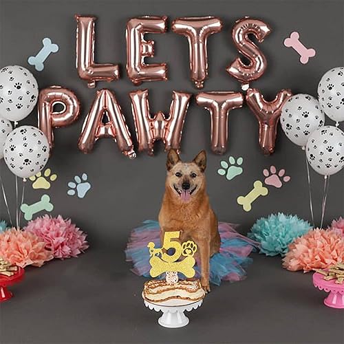 Miniatura 4 de 1 pieza de decoración para pastel de 5 cumpleaños con purpurina dorada y pata de perro de cinco años de edad, decoración para cachorro y perro,
