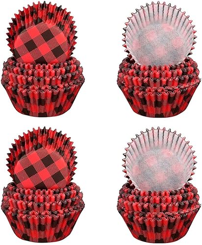 Envolturas de cupcakes a cuadros de búfalo, paquete de 100 unidades, tazas de hornear de Navidad y suministros de fiesta de leñador