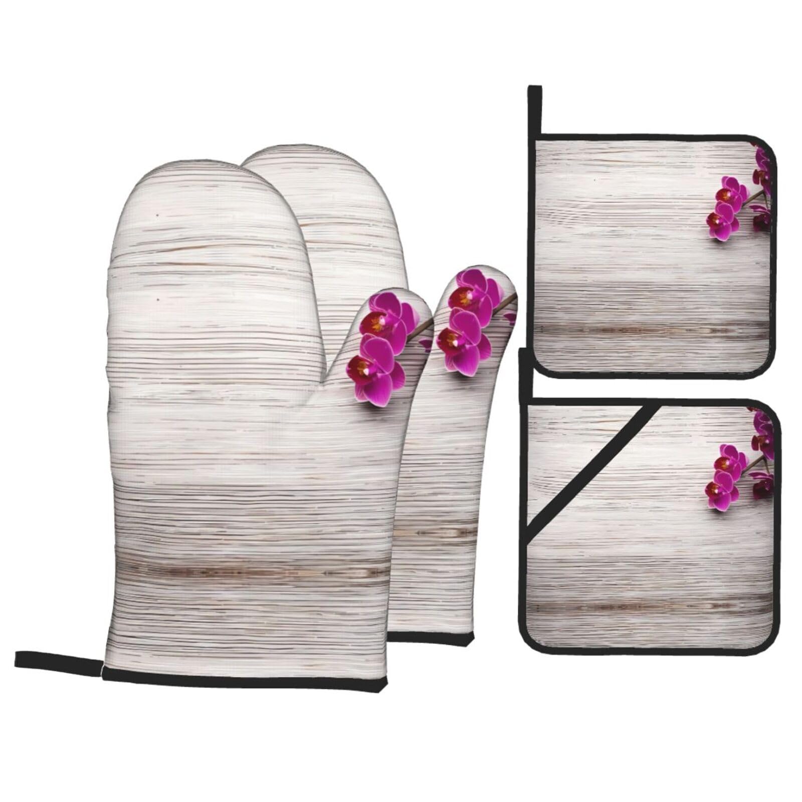 WHJSSF Orchid Prints Kitchen Baking Set - 4-Piece Heat Protection Layers with Waterproof Potholders for Oven, Grill & Serving