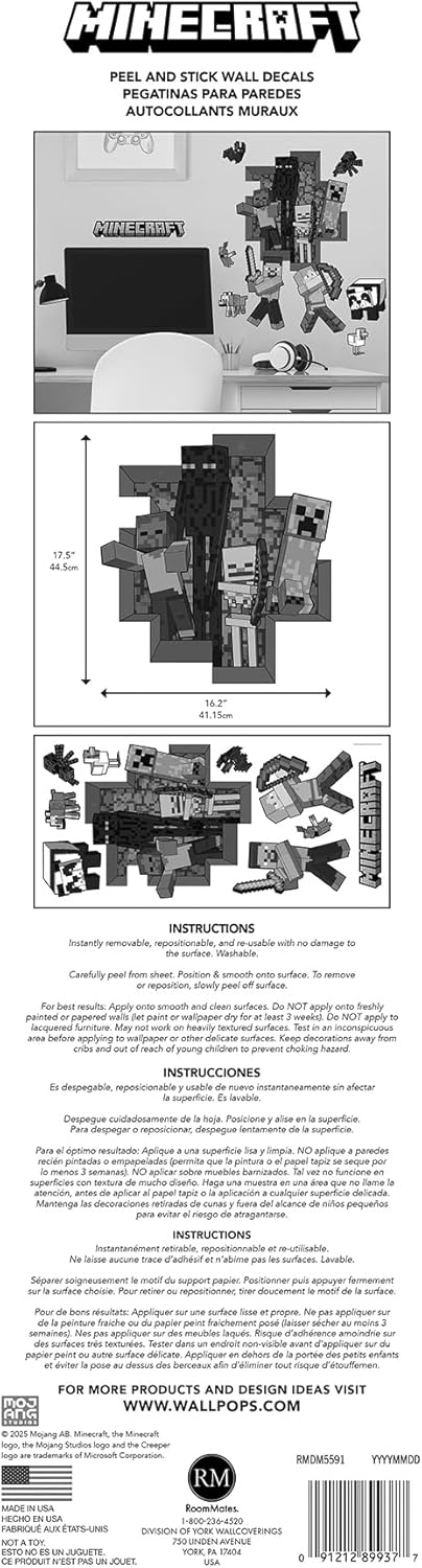 RoomMates Minecraft Hostile Mobs Peel and Stick Wall Decals, RMDM5591