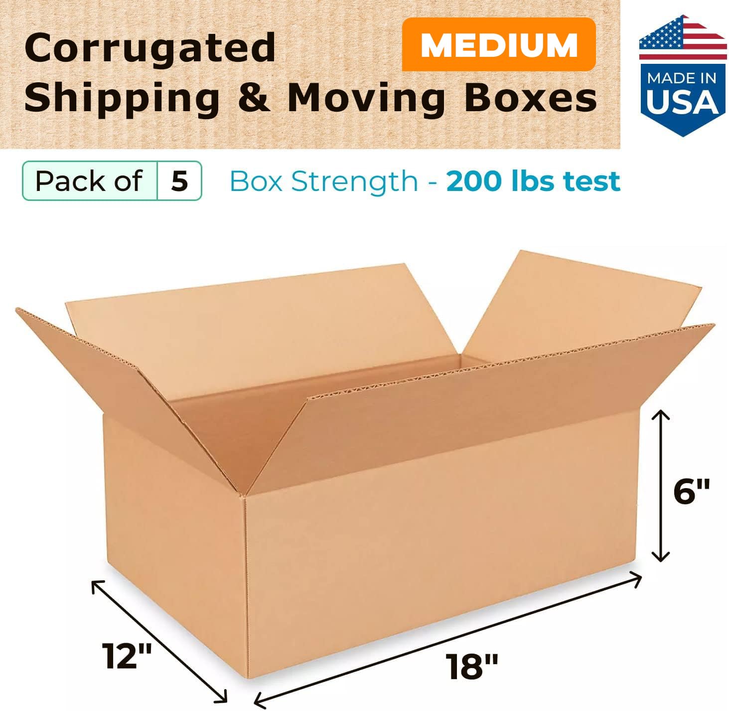 Medium Moving & Shipping Boxes 18 x 12 x 6 inches (5-Pack) - Extra Strength 200 lb vs Regular - USA-Made Corrugated Strong Cardboard Boxes Moving and Delivering - Medium Square Box by IDL Packaging