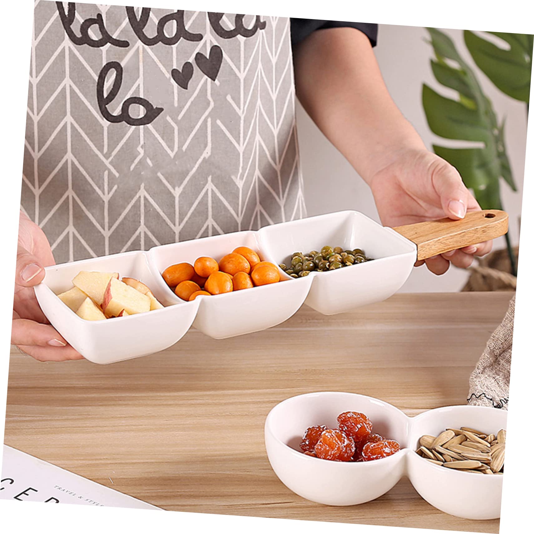 Sosoport 2 piezas Bol de Cerámica con Asa de Madera y Compartimentos para Snacks y Ensaladas para Aperitivos y Decoración de Mesa