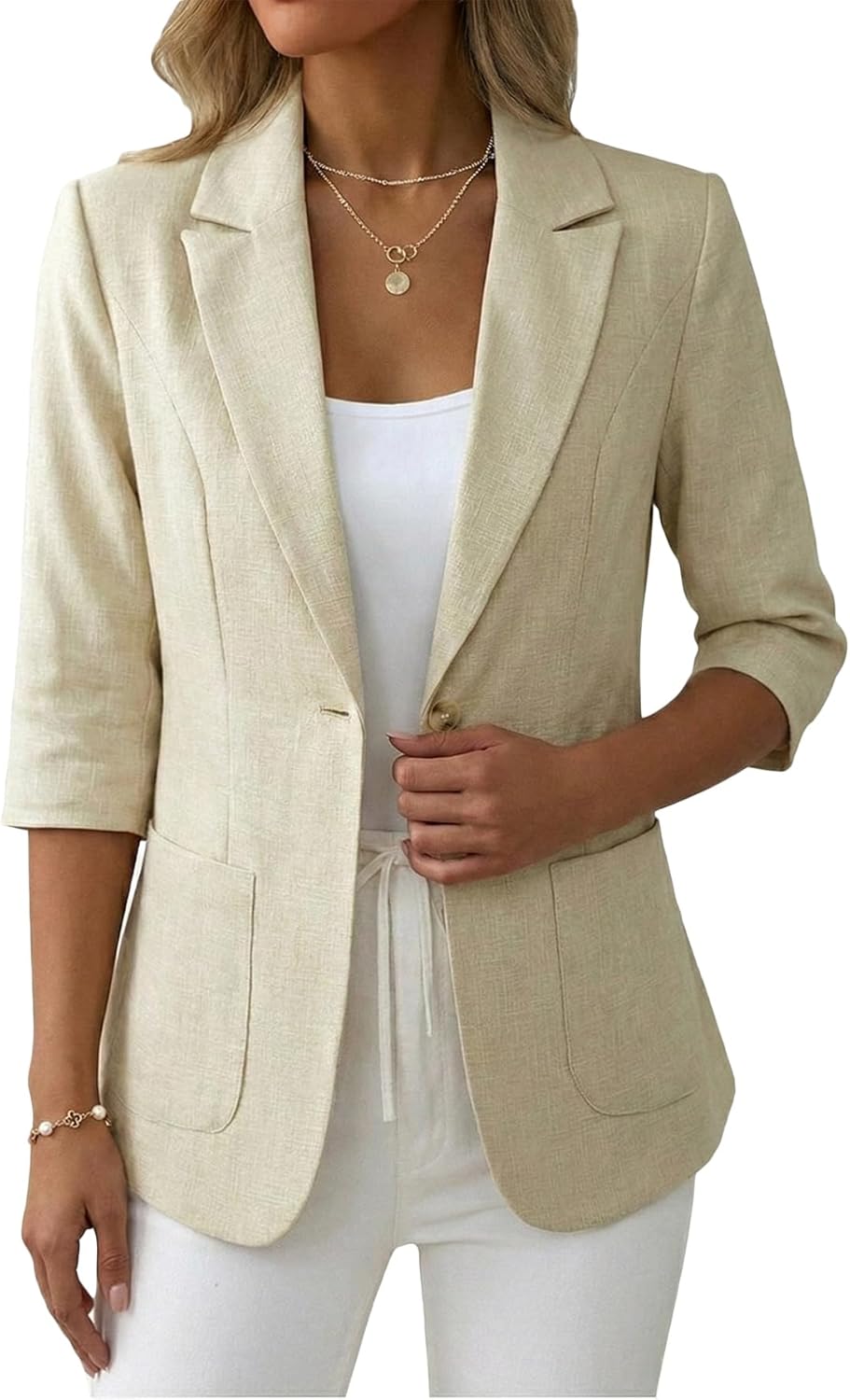 Mina Self 2026 Spring Women's 3/4 Sleeve Linen Blazer - Lightweight Fully-Lined Lapel Button Casual Work Jacket with Pockets - Image 2