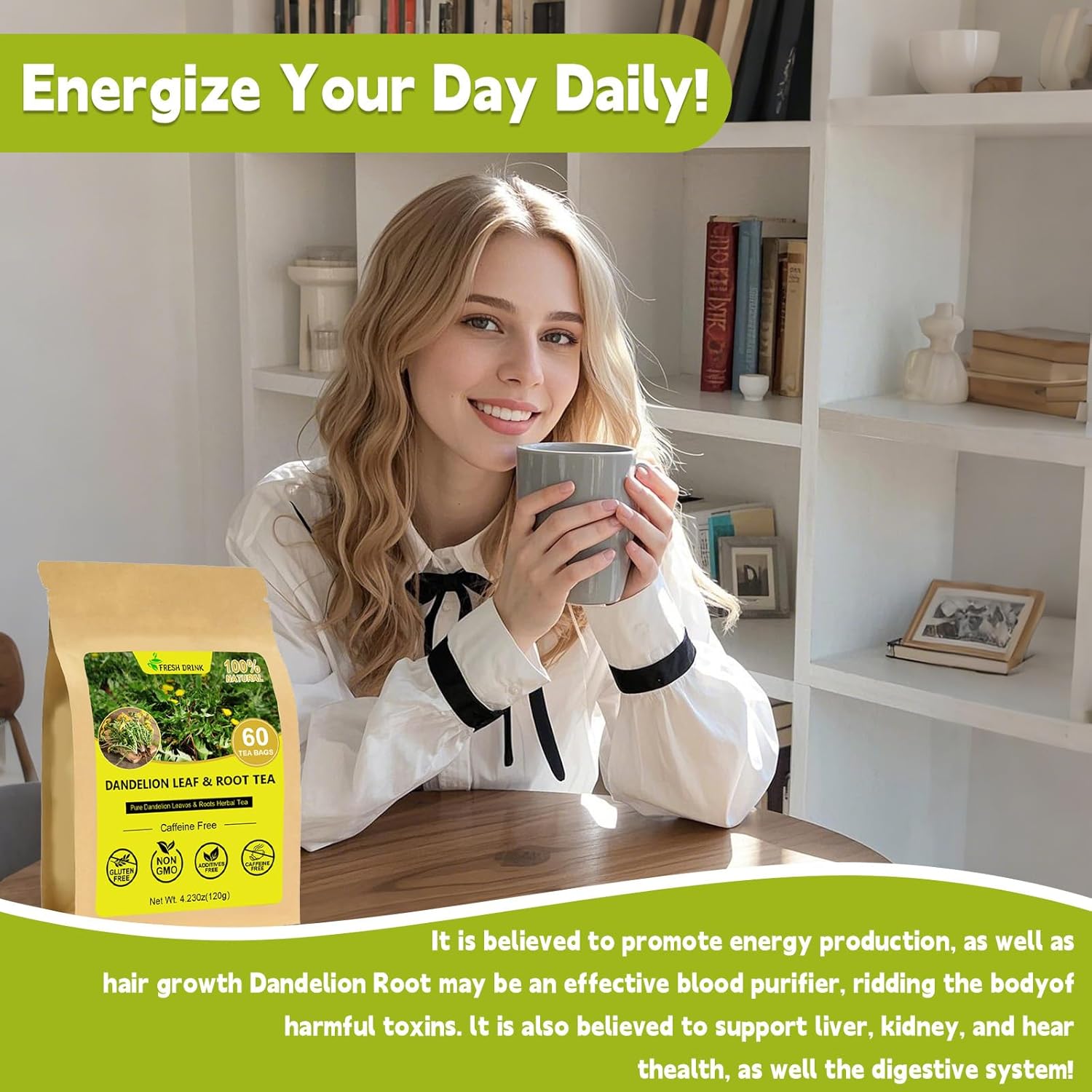 Dandelion Leaf & Root Tea bags, 100% Pure dandelion root tea - Natural Dandelion Herbal Tea for Liver & Kidney Health - Boost Immune System -Non-GMO -60 Teabags - Image 4