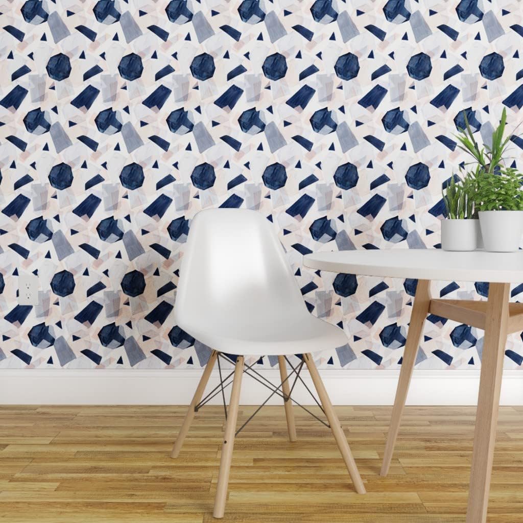 Exclusive Discount 60% Price Peel & Stick Wallpaper 9ft x 2ft - Geo Shapes Navy Blush Watercolor Soft Mod Geometric Abstract Boho Pastel Custom Removable Wallpaper by Spoonflower
