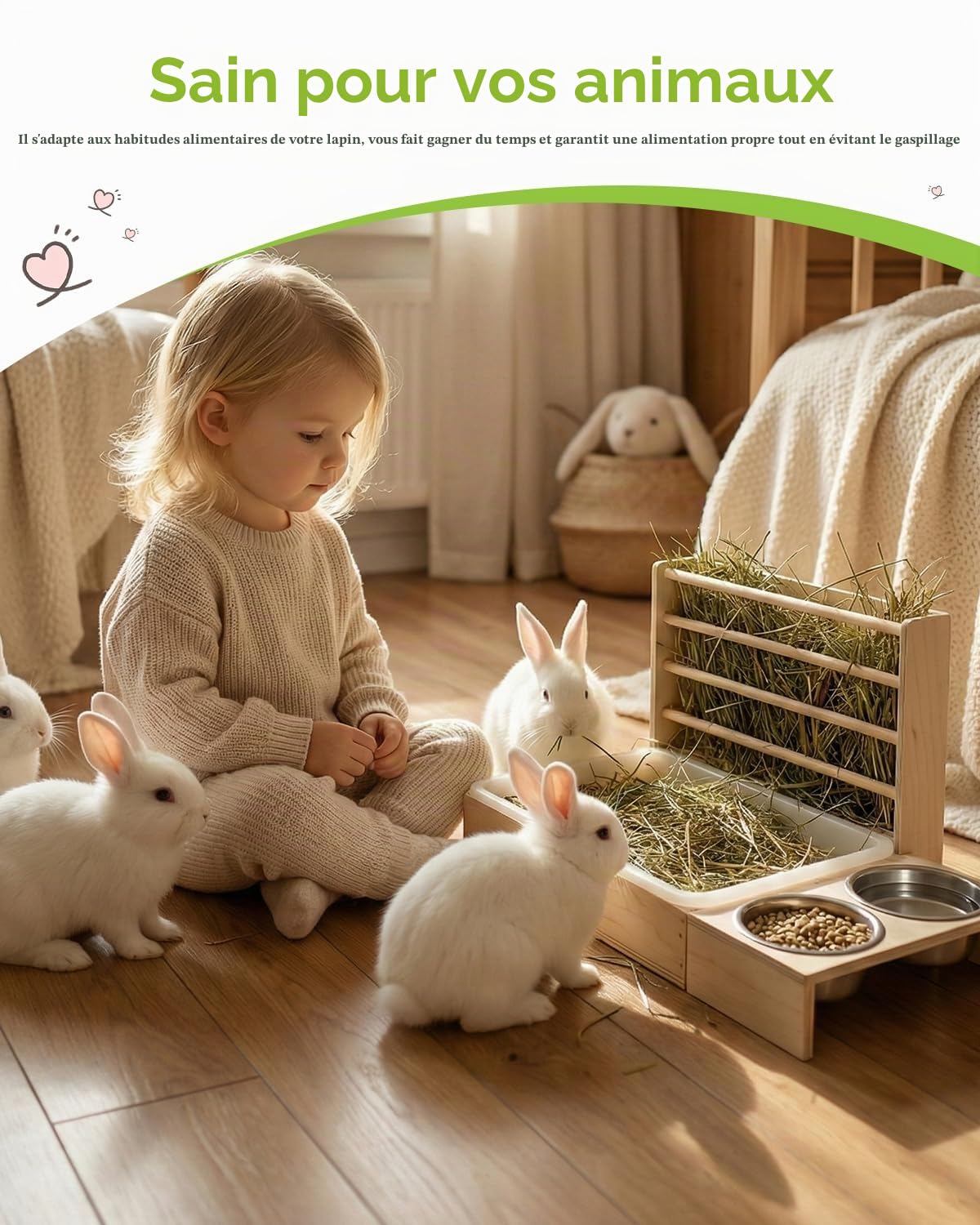 Mangeoire à Foin pour Lapin avec 2 Gamelles, 4 en 1 Couleur Bouleau | Distributeur de Nourriture en Bois, pour Lapins, Cochons d'Inde, Chinchillas, Lapins et Autres Petits Animaux 54x36,5x28 cm