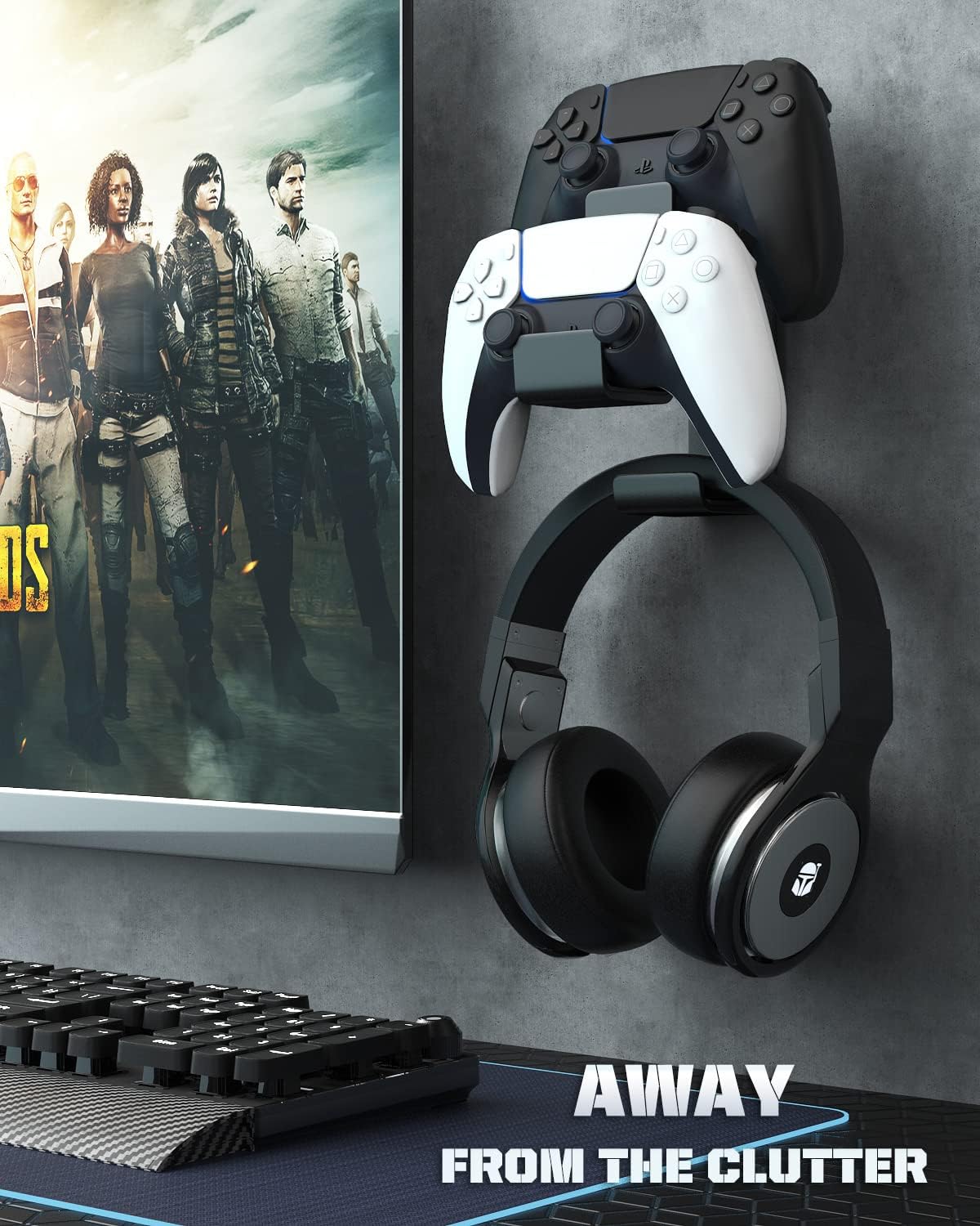 MoKo Supporto per controller, doppio controller gamepad e gancio per cuffie per Xbox One, Xbox 360, PS3, PS4, PS5, PC, STEAM, interruttore, supporto da parete per tutte le cuffie universali, nero