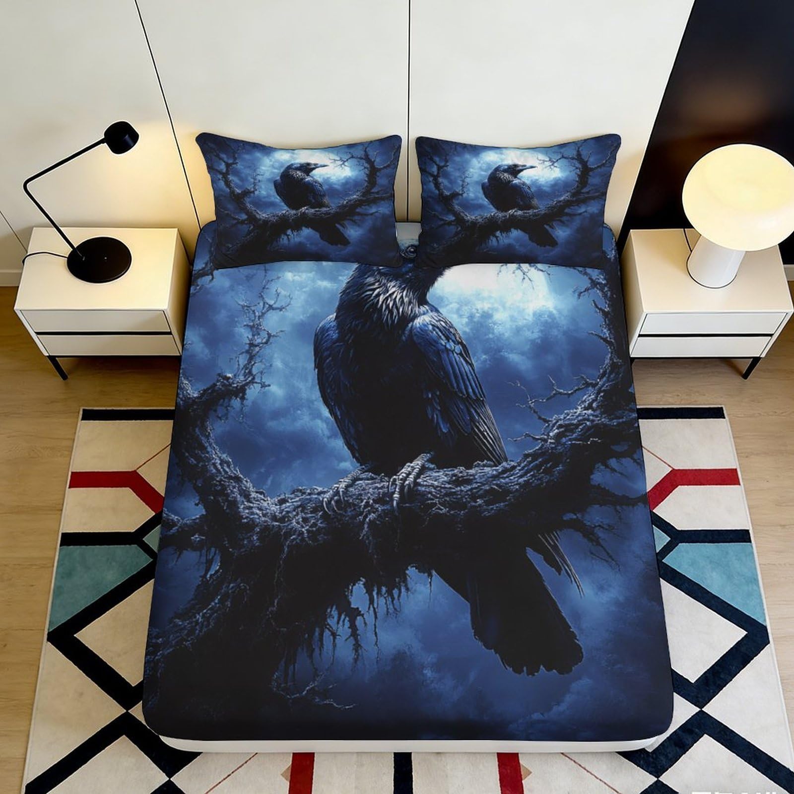 3D Printed Raven Fitted Sheet Microfiber Deep Pocket Elastic Hem Bedding Set Raven Mattress Fitted Cover for Adults Washable 90x200x25cm